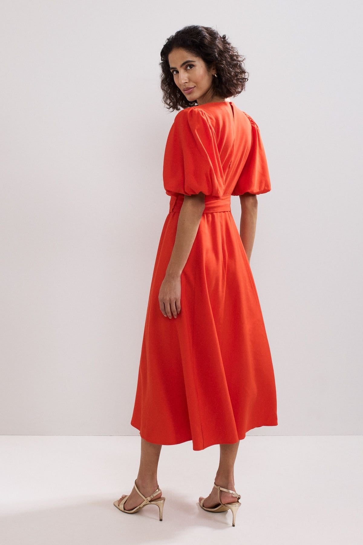 Phase Eight Phase Eight Women's Zarah Plain Puff Sleeve Midi Dress in Coral - 4