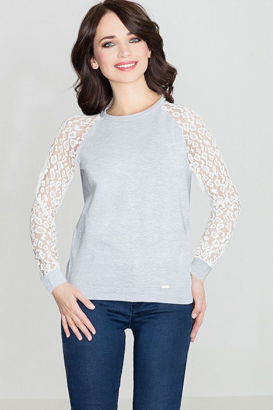 Love Lace Love Lace Women's Leopard Lace Sleeve Teardrop Back Blouse in Grey