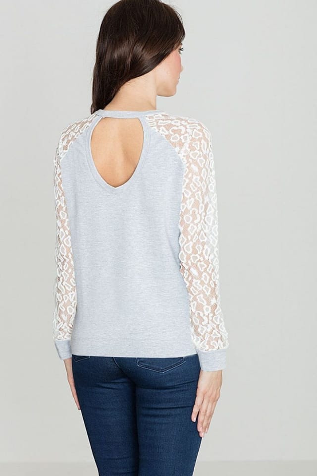Love Lace Love Lace Women's Leopard Lace Sleeve Teardrop Back Blouse in Grey - 2