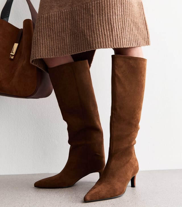 New Look Women's Rust Faux Suede Low Stiletto Heel Knee High Boots Vegan New Look - 2