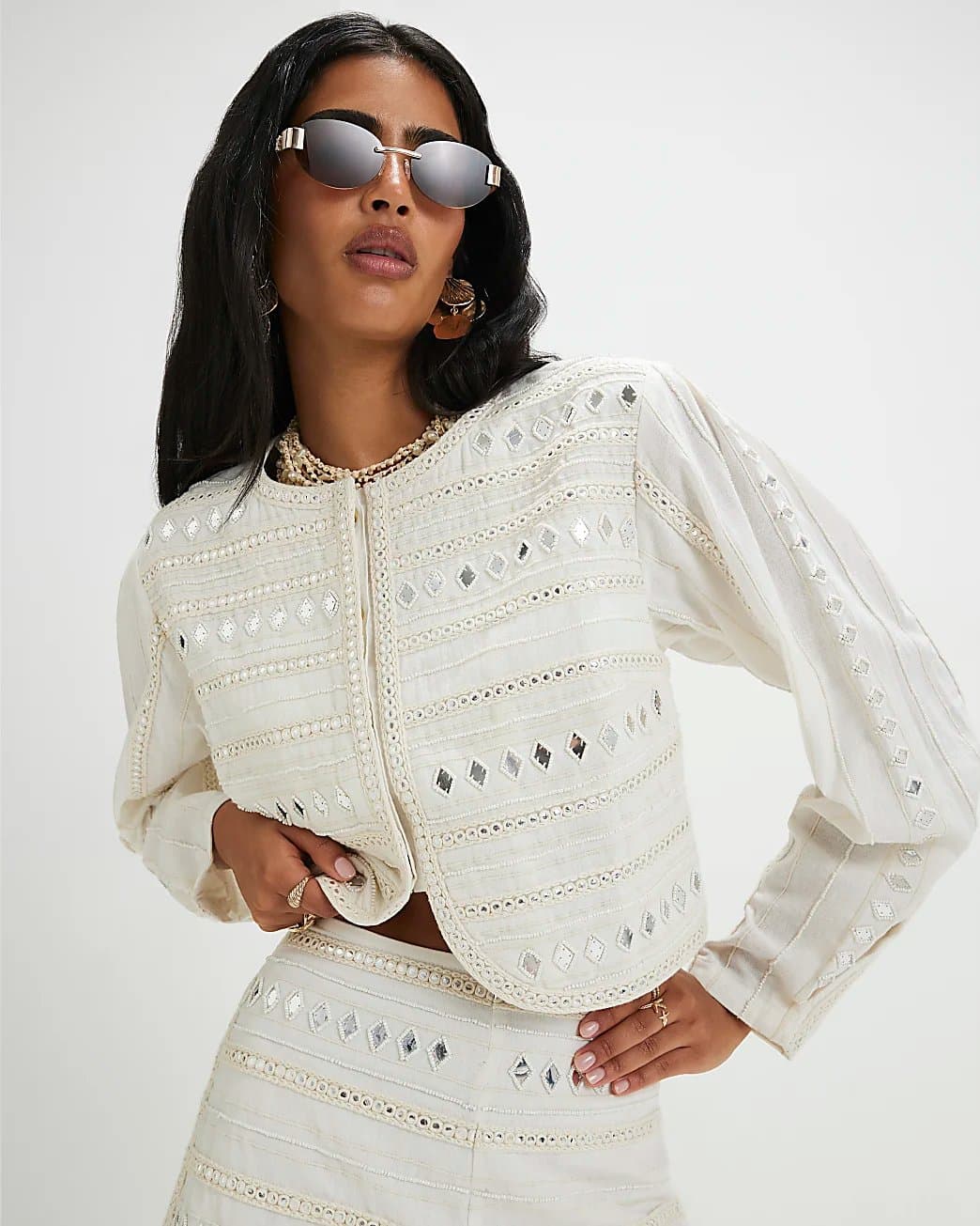 River Island River Island Womens Cream Mirror Embroidered Jacket