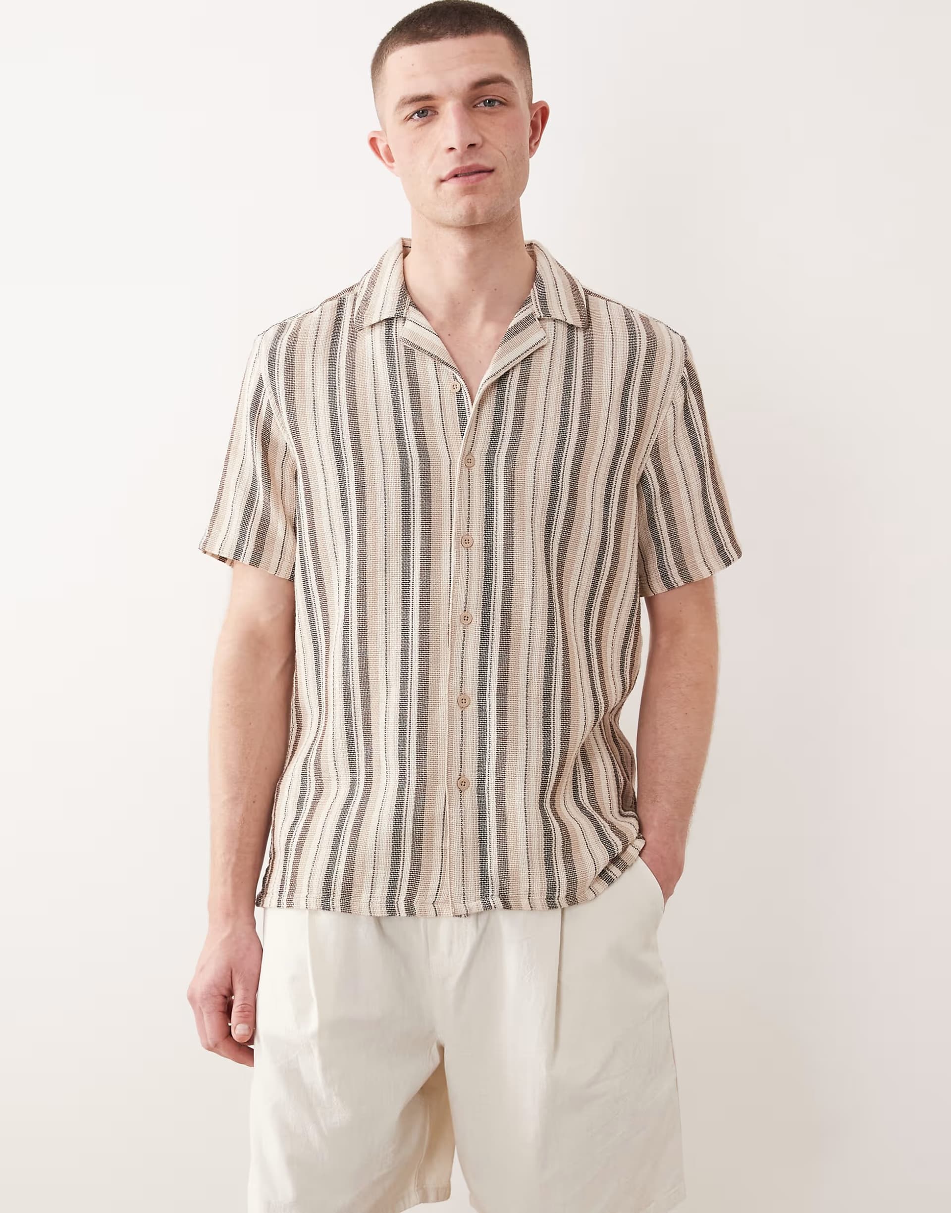 ASOS ONLY & SONS textured revere collar shirt in light brown stripes