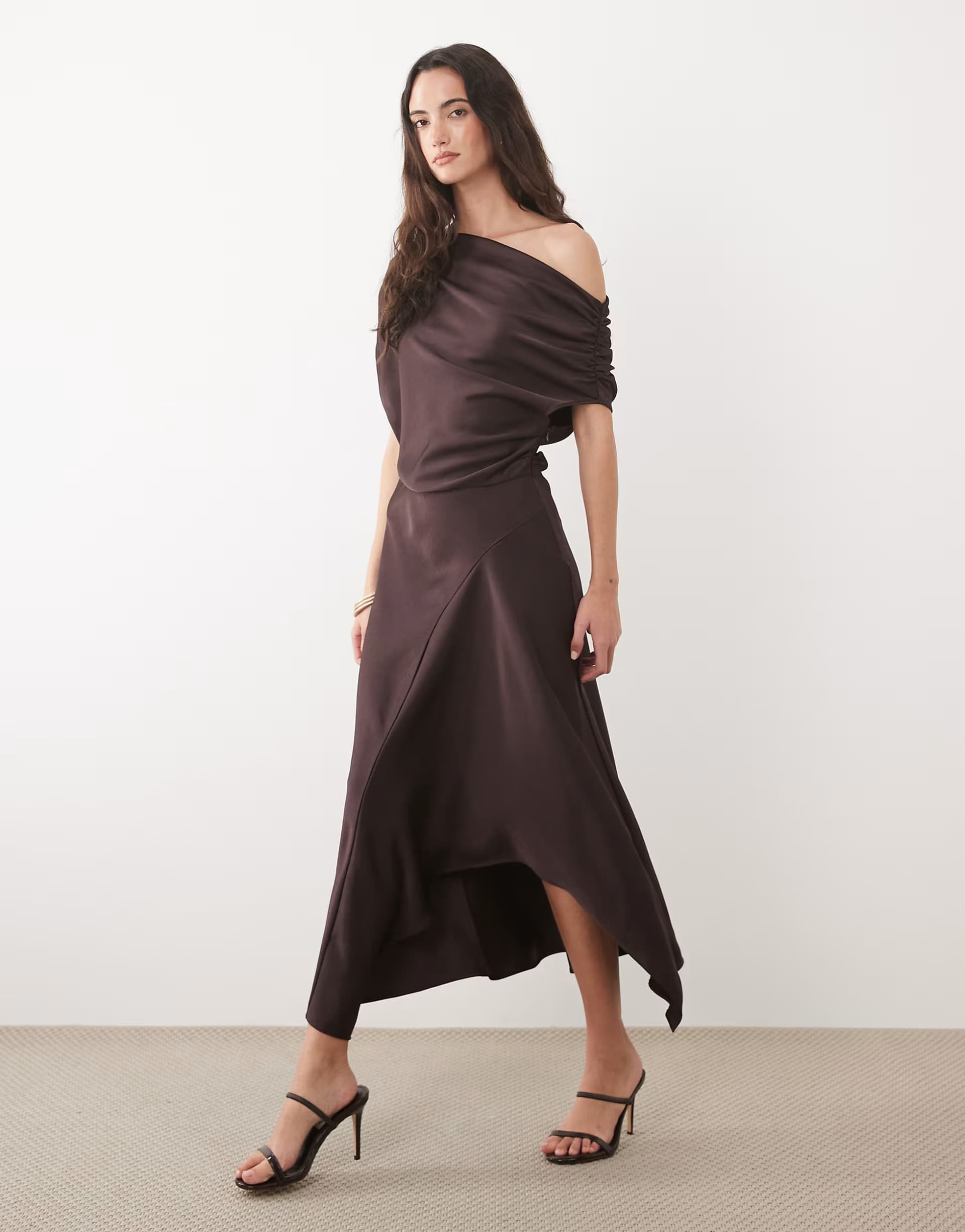 ASOS Mango off shoulder asymmetric hem maxi dress in chocolate