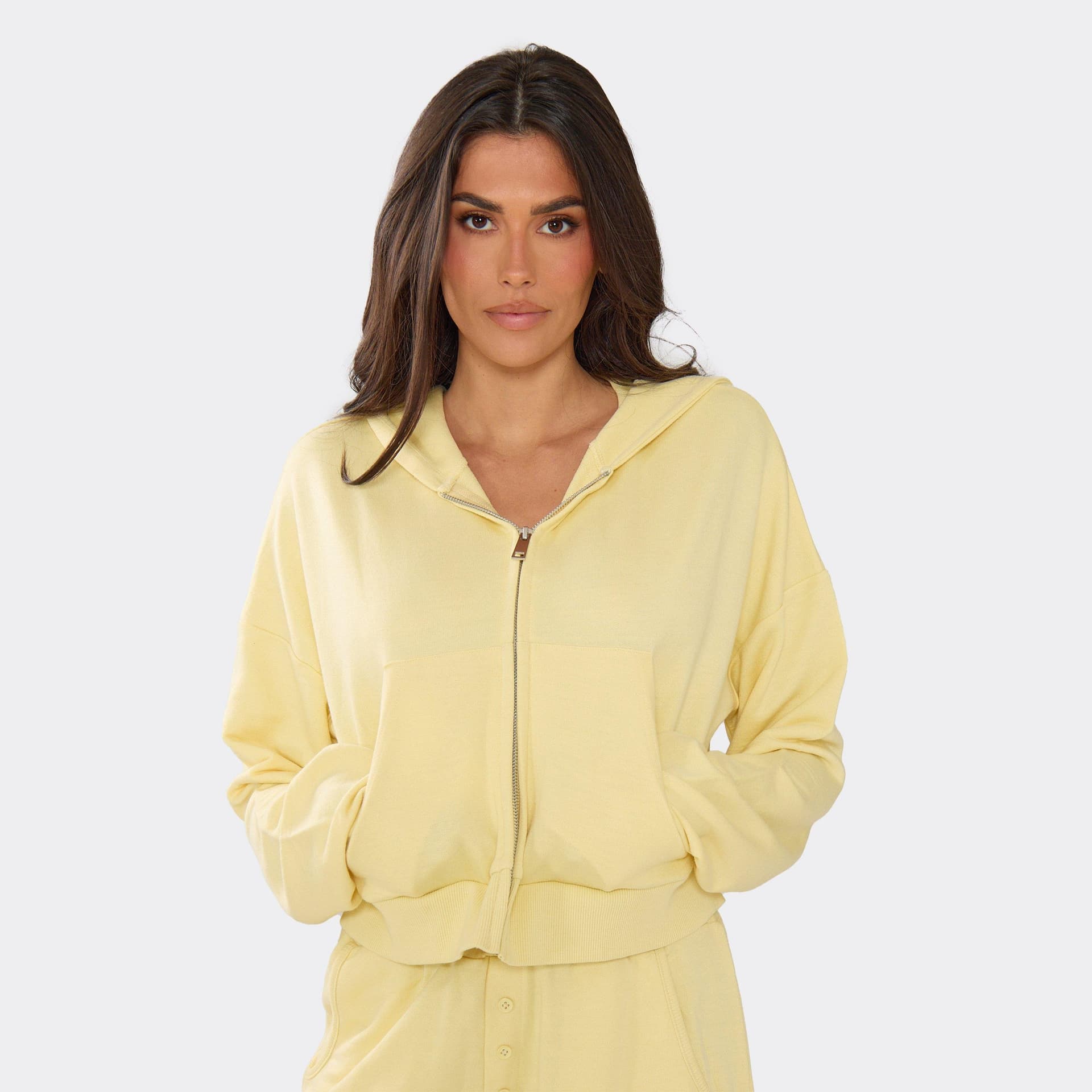 EGO Zip Up Boxy Modal Hoodie In Lemon, Women's Size UK 6