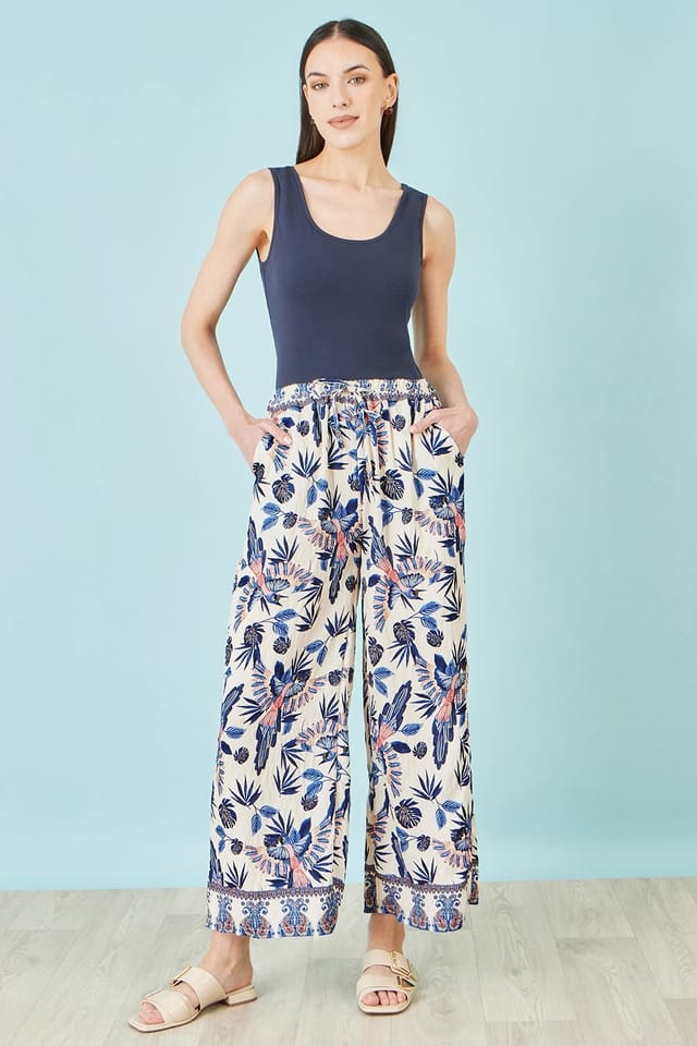 Yumi Yumi Women's Blue Viscose Bird Print Wide Leg Trouser in Cream - 2