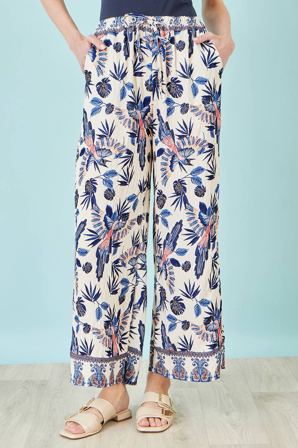 Yumi Yumi Women's Blue Viscose Bird Print Wide Leg Trouser in Cream - 3