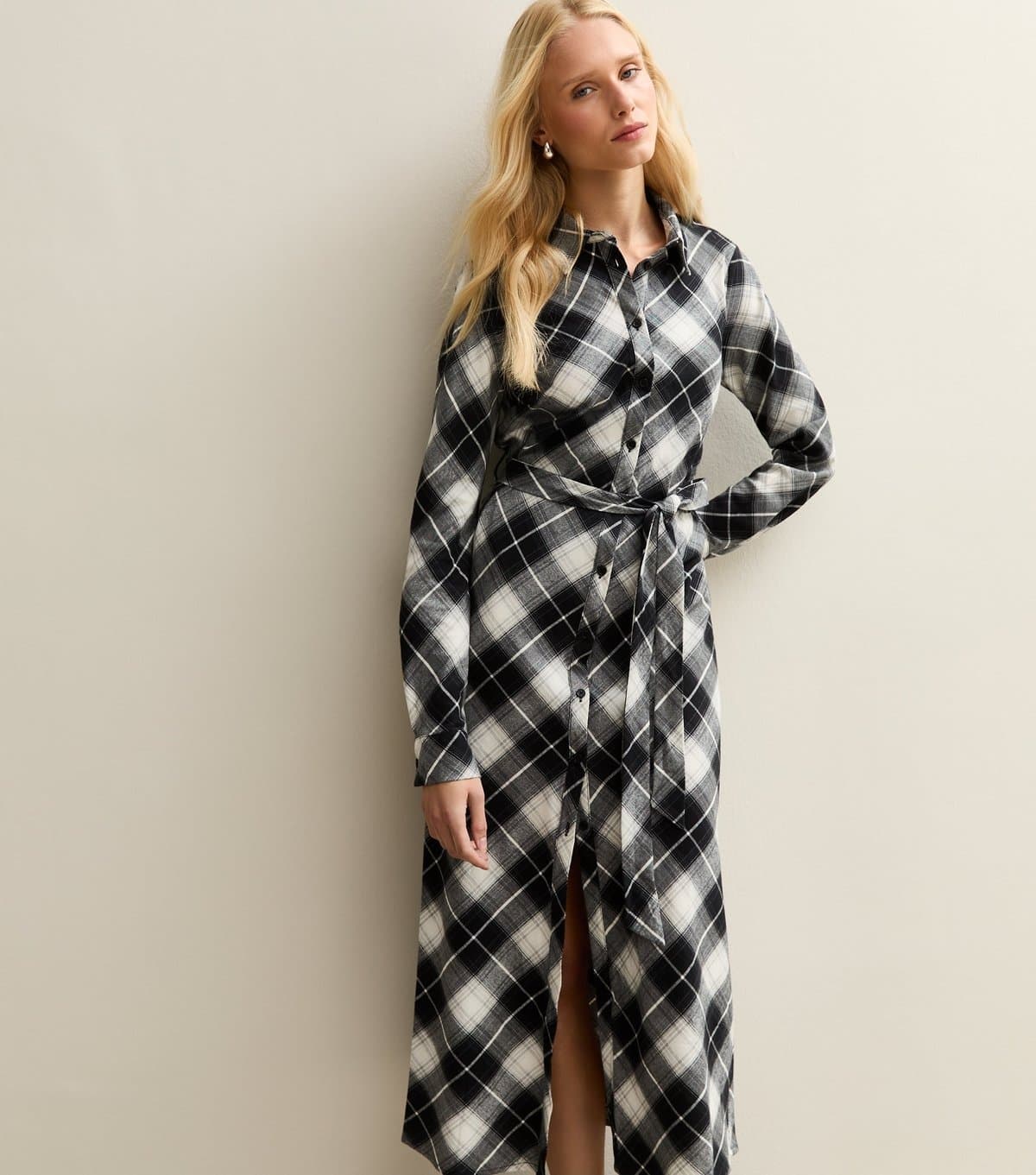 New Look Women's Black Cotton Checked Midi Shirt Dress New Look