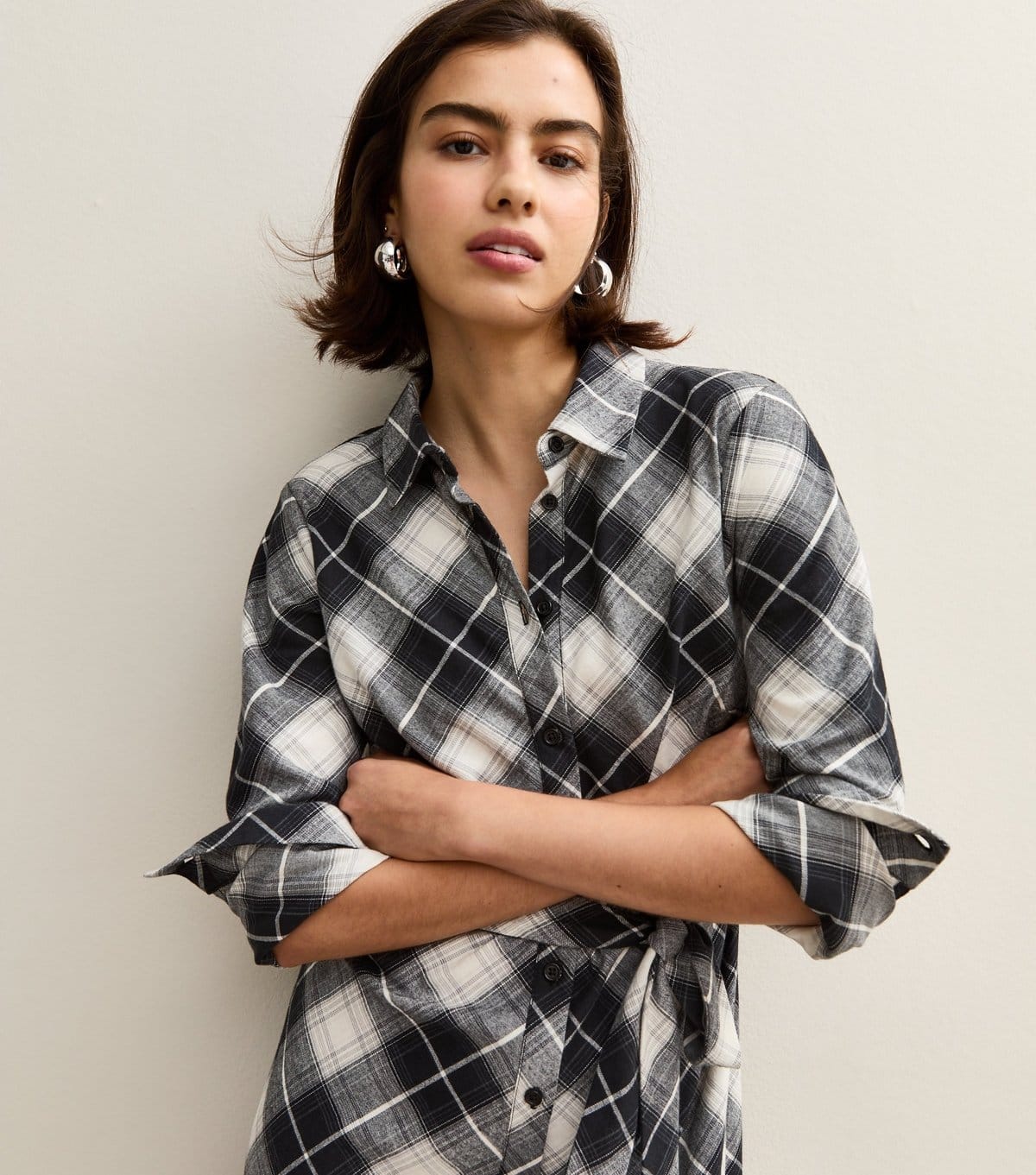 New Look Women's Black Cotton Checked Midi Shirt Dress New Look - 4