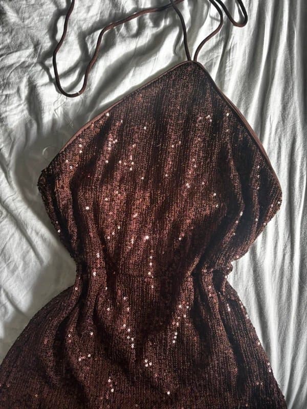 ASOS Brown sequin ASOS long dress tie up neck size UK10