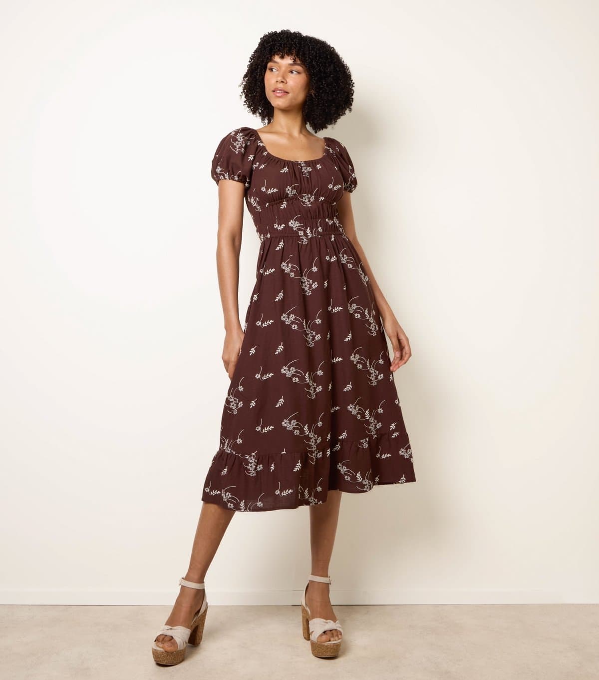 Blue Vanilla Women's Brown Floral Embroidery Milkmaid Midi Dress Blue Vanilla New Look