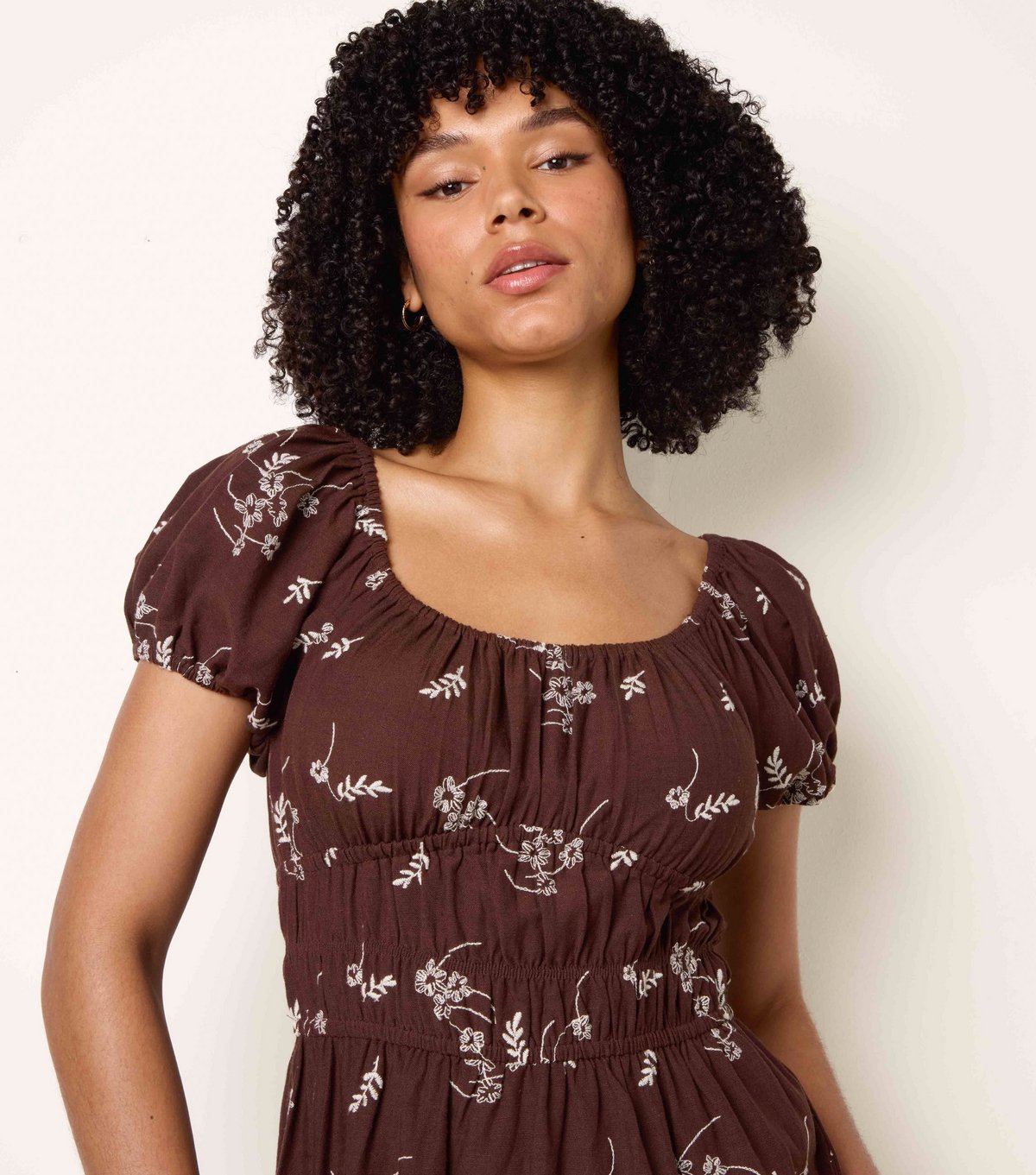 Blue Vanilla Women's Brown Floral Embroidery Milkmaid Midi Dress Blue Vanilla New Look - 2