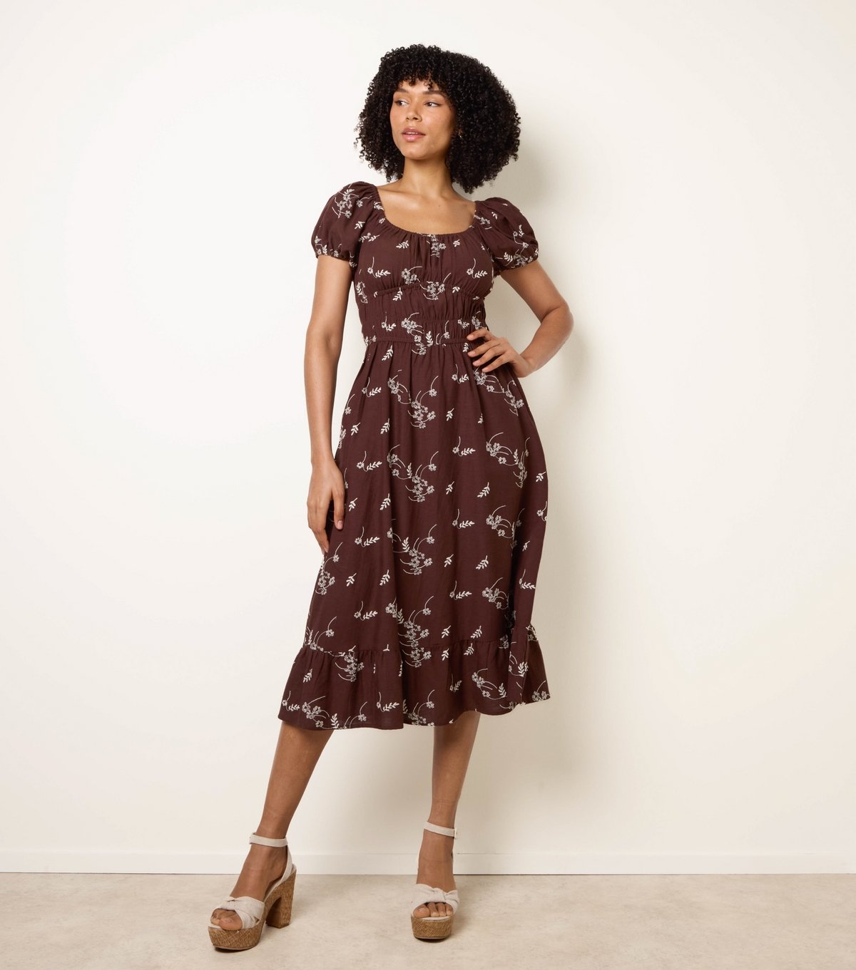 Blue Vanilla Women's Brown Floral Embroidery Milkmaid Midi Dress Blue Vanilla New Look - 3