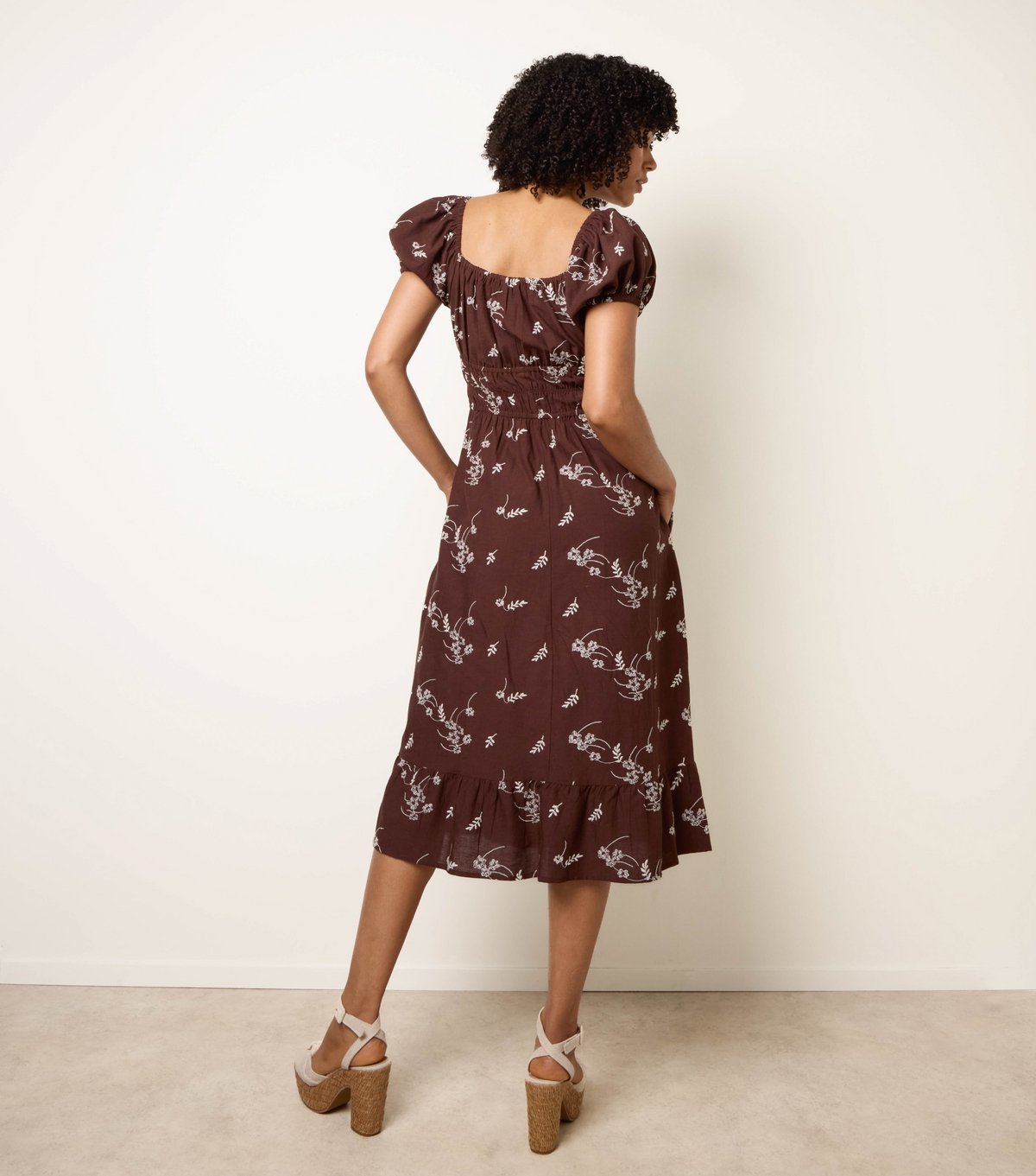 Blue Vanilla Women's Brown Floral Embroidery Milkmaid Midi Dress Blue Vanilla New Look - 4