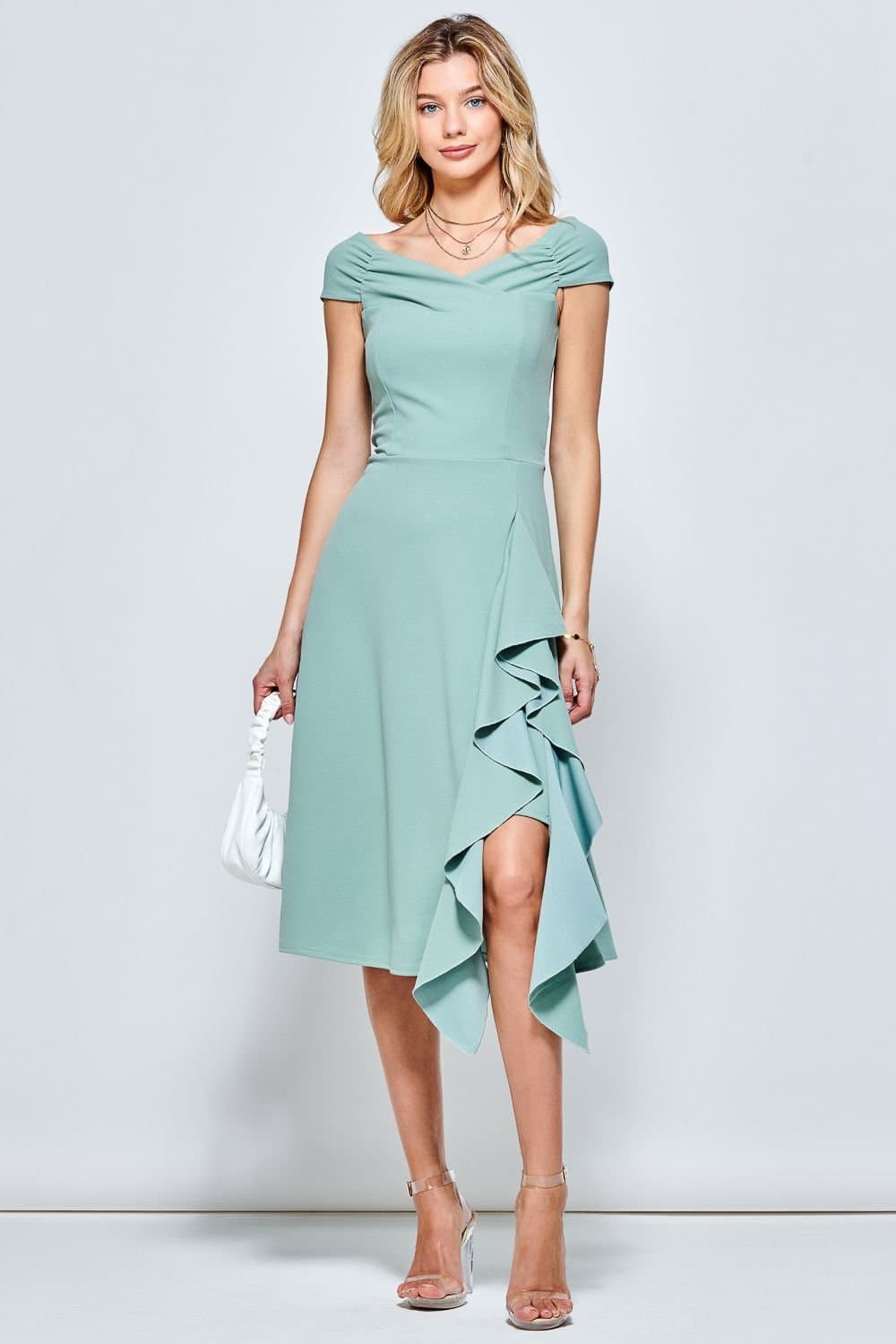 Jolie Moi Jolie Moi Women's Skylar Off-Shoulder Ruffle Hem Dress in Green