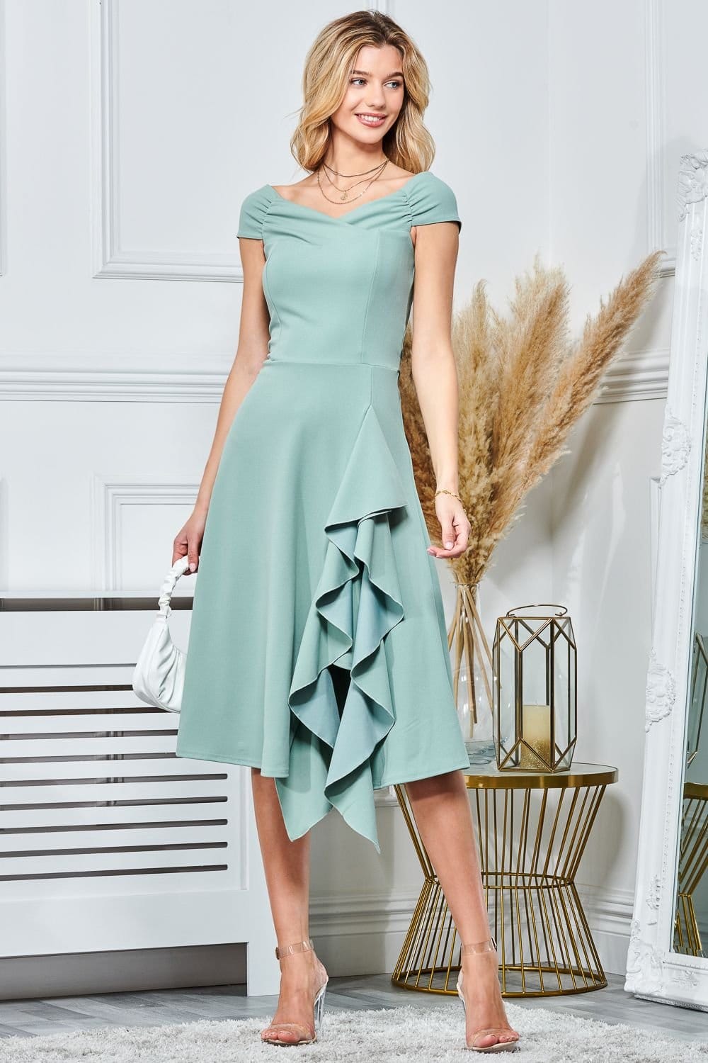 Jolie Moi Jolie Moi Women's Skylar Off-Shoulder Ruffle Hem Dress in Green - 4