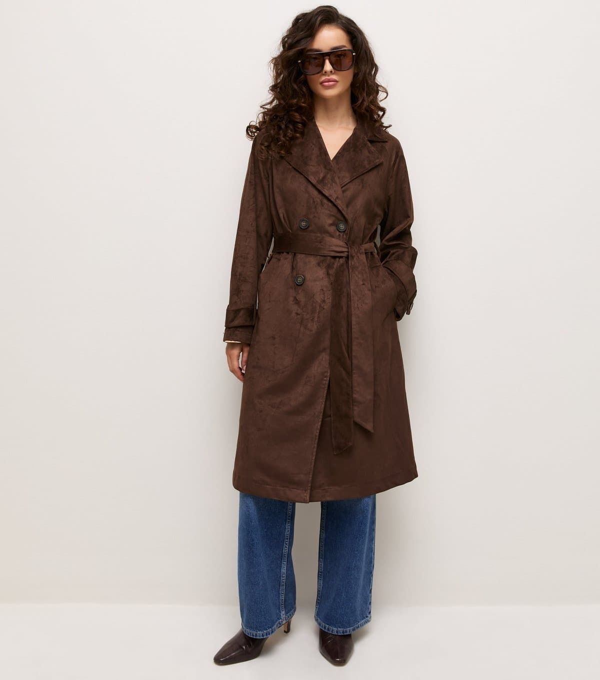 New Look Women's Petite Dark Brown Faux Suede Longline Trench Coat New Look