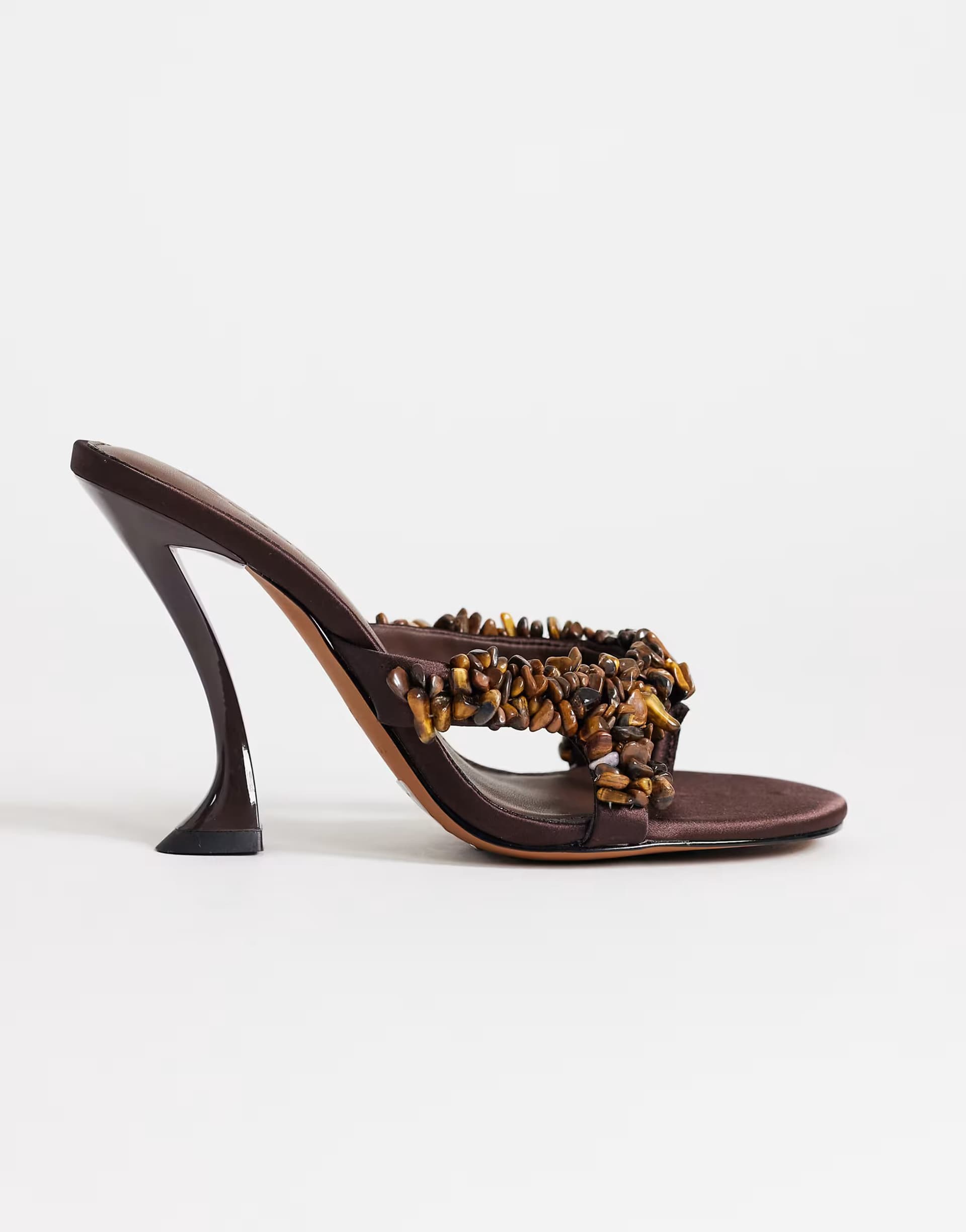 ASOS Topshop Natasha embellished mule high heeled sandal in chocolate satin 