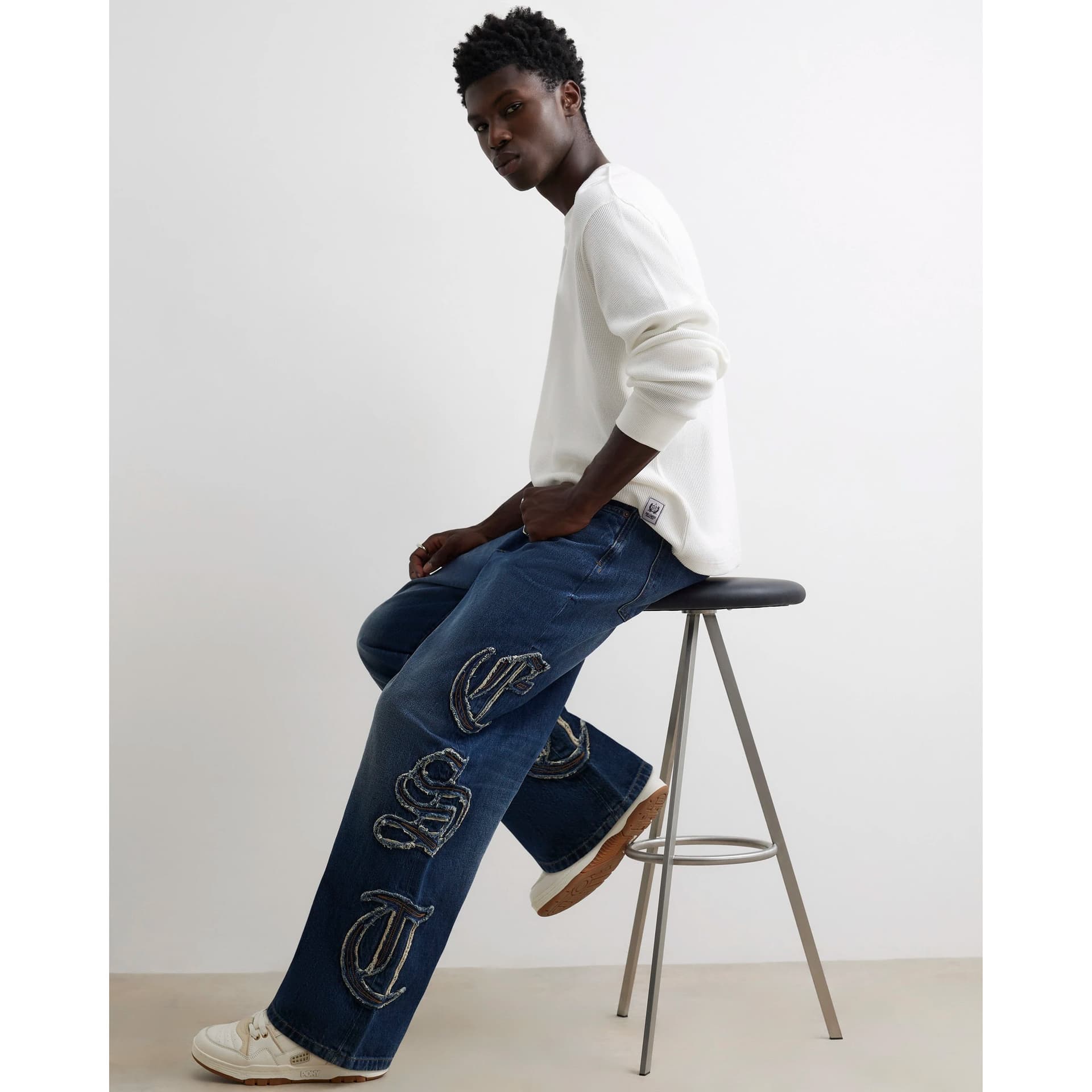 River Island Mens River Island Blue Baggy Fit Embroidered Jeans