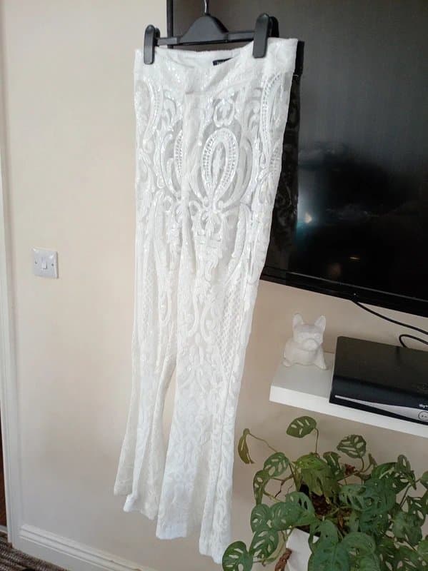 Vintage Dressing Ladies size 12 white lace see through festival 70s 80s flare stretch fit trousers