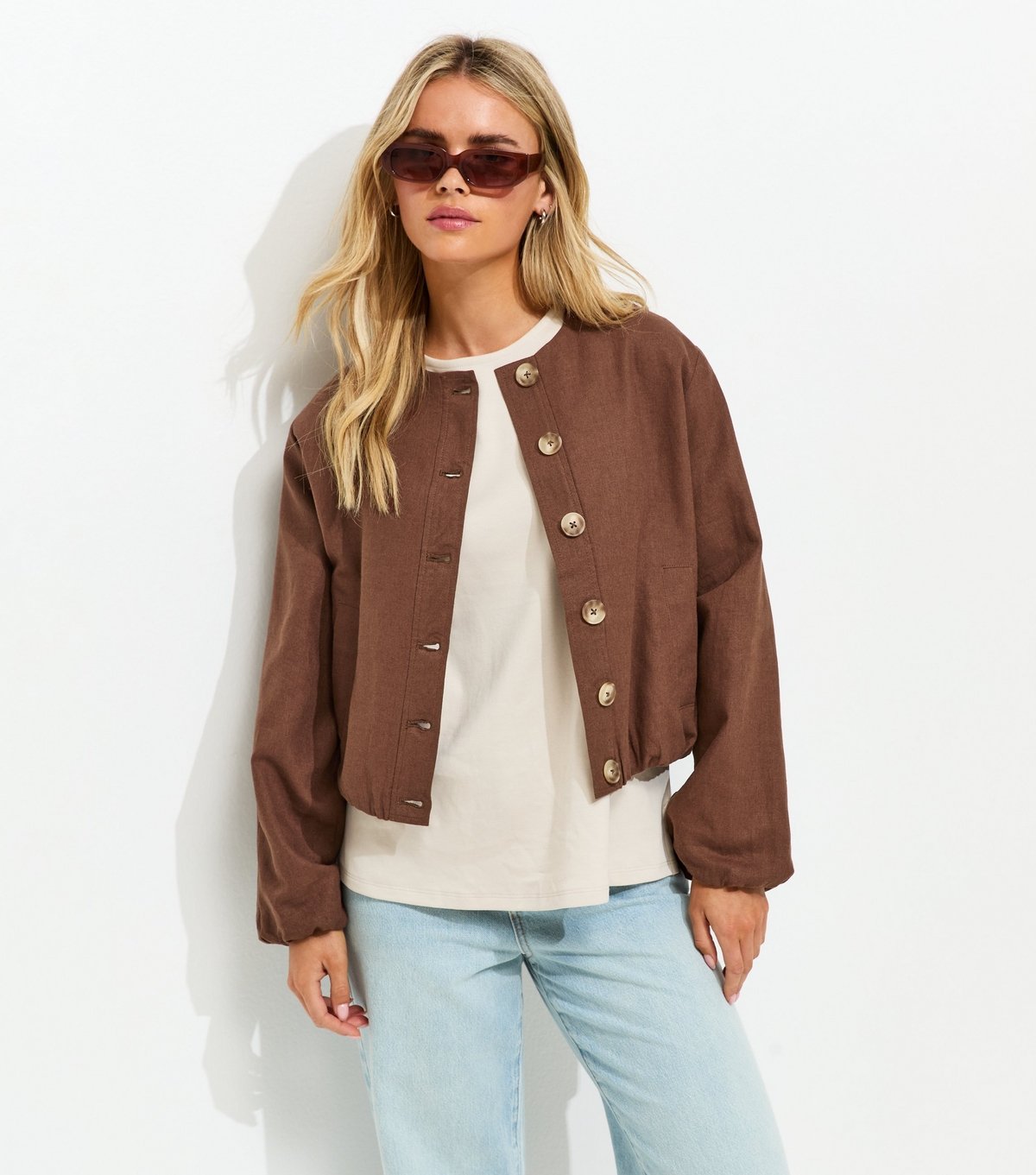 New Look Women's Petite Dark Brown Linen Blend Button Through Bomber Jacket New Look - 2