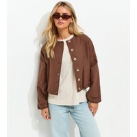 New Look Women's Petite Dark Brown Linen Blend Button Through Bomber Jacket New Look - 3