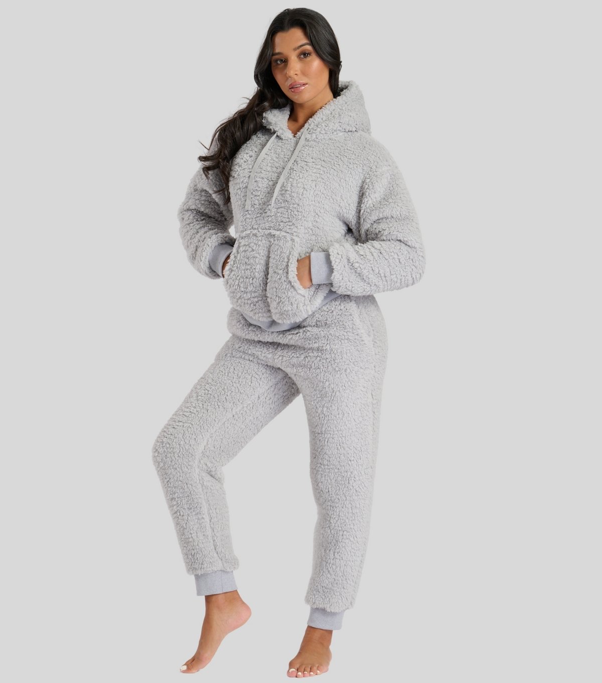 Loungeable Women's Light Grey Borg Hoodie And Jogger Lounge Set Loungeable New Look - 3