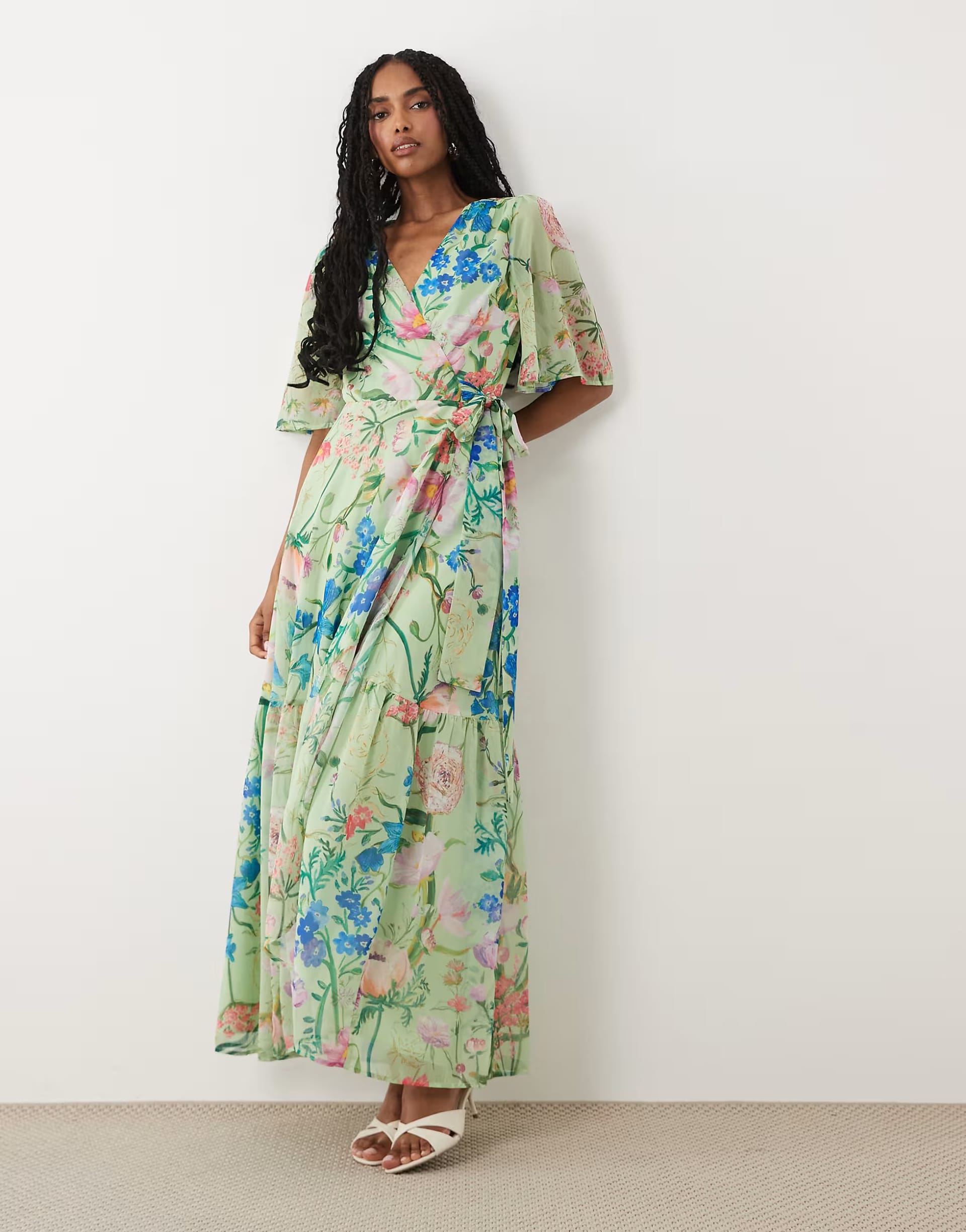 ASOS Green Floral Flutter Sleeve Maxi Wrap Dress