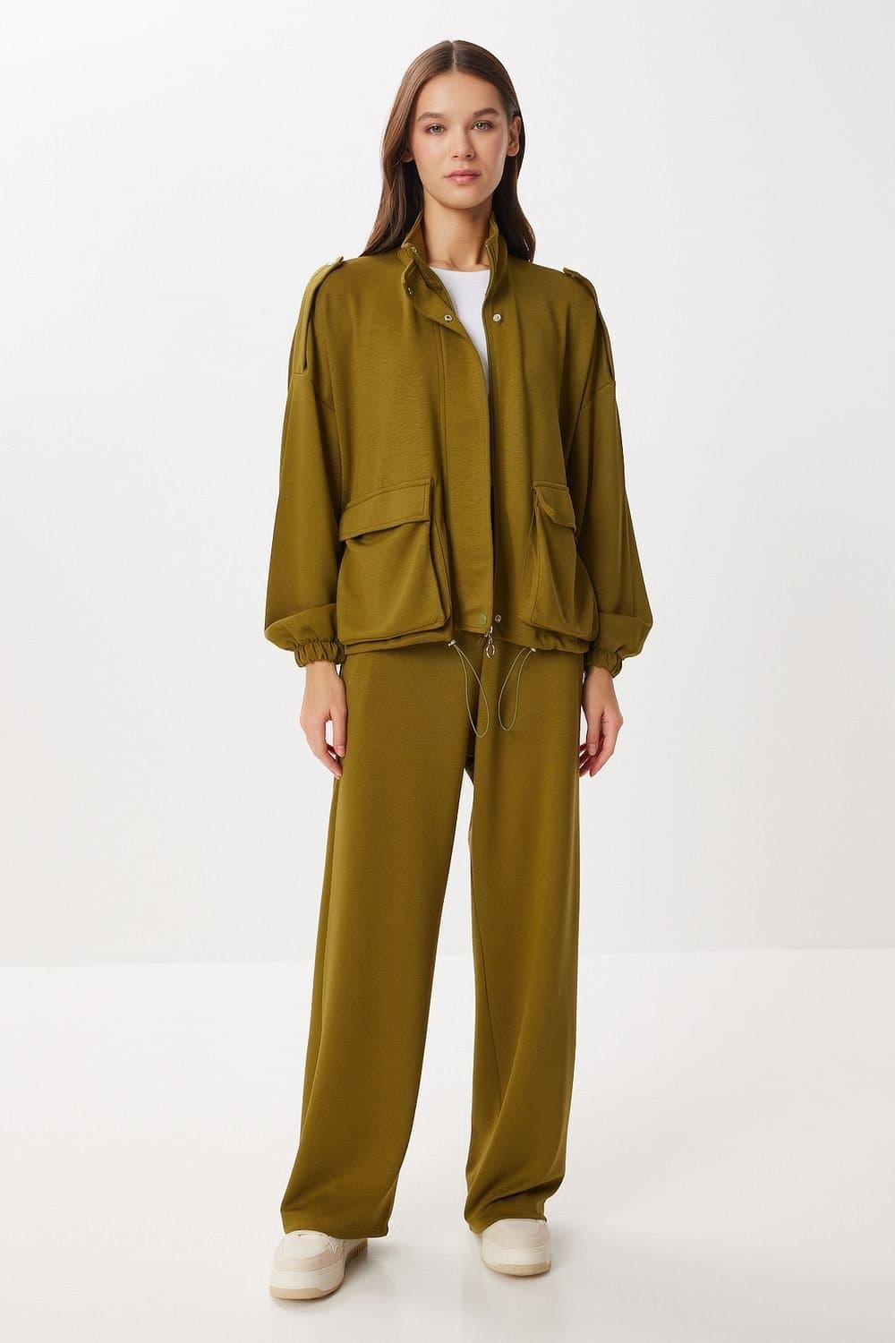 Happiness Istanbul Happiness Istanbul Olive Two-Piece Set with Pocket Detail