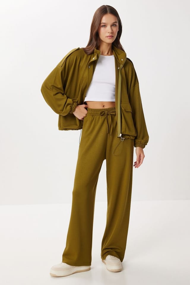 Happiness Istanbul Happiness Istanbul Women's Pocket Detail Jacket & Wide Leg Pants Two-Piece Set in Olive - 2