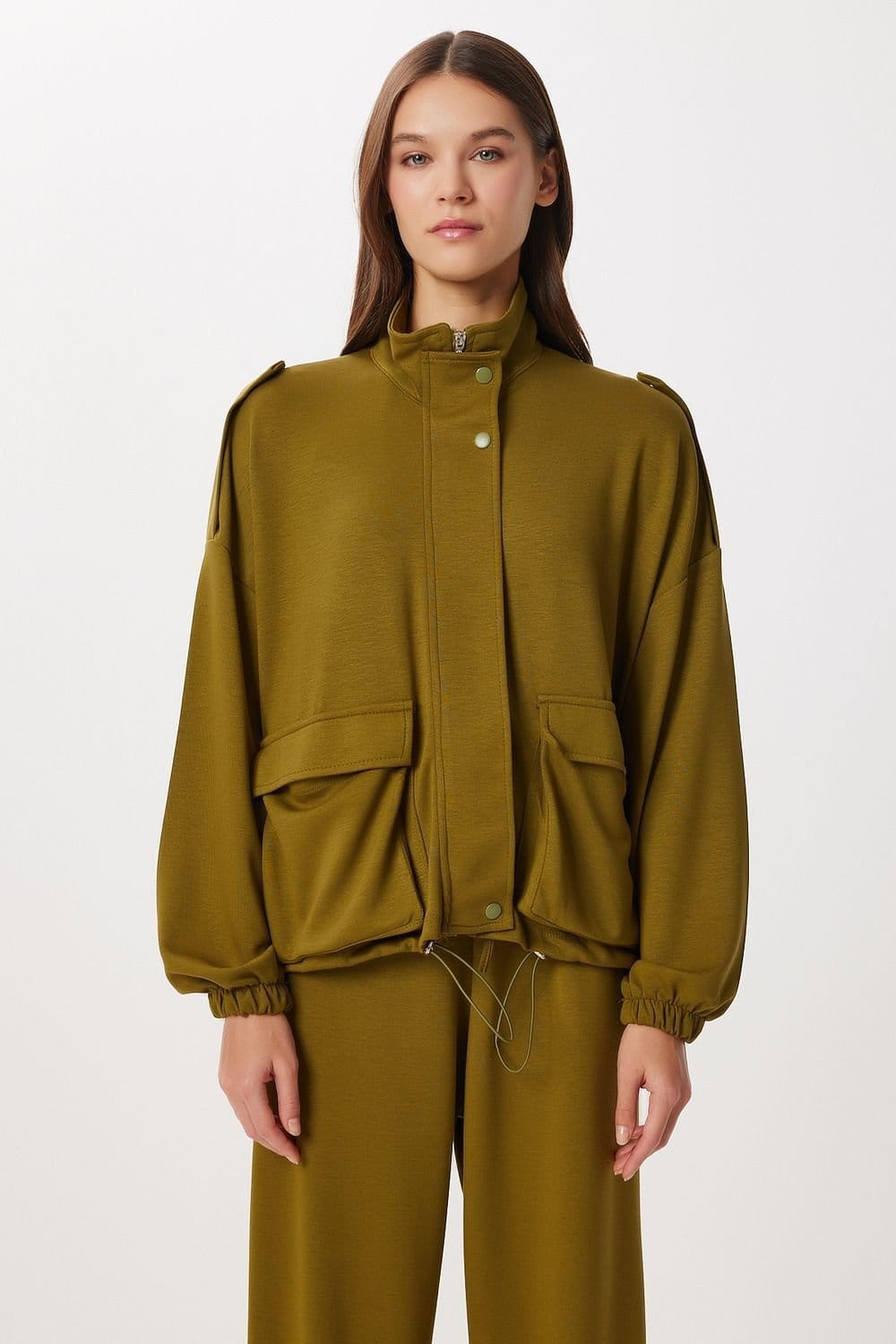 Happiness Istanbul Happiness Istanbul Women's Pocket Detail Jacket & Wide Leg Pants Two-Piece Set in Olive - 4