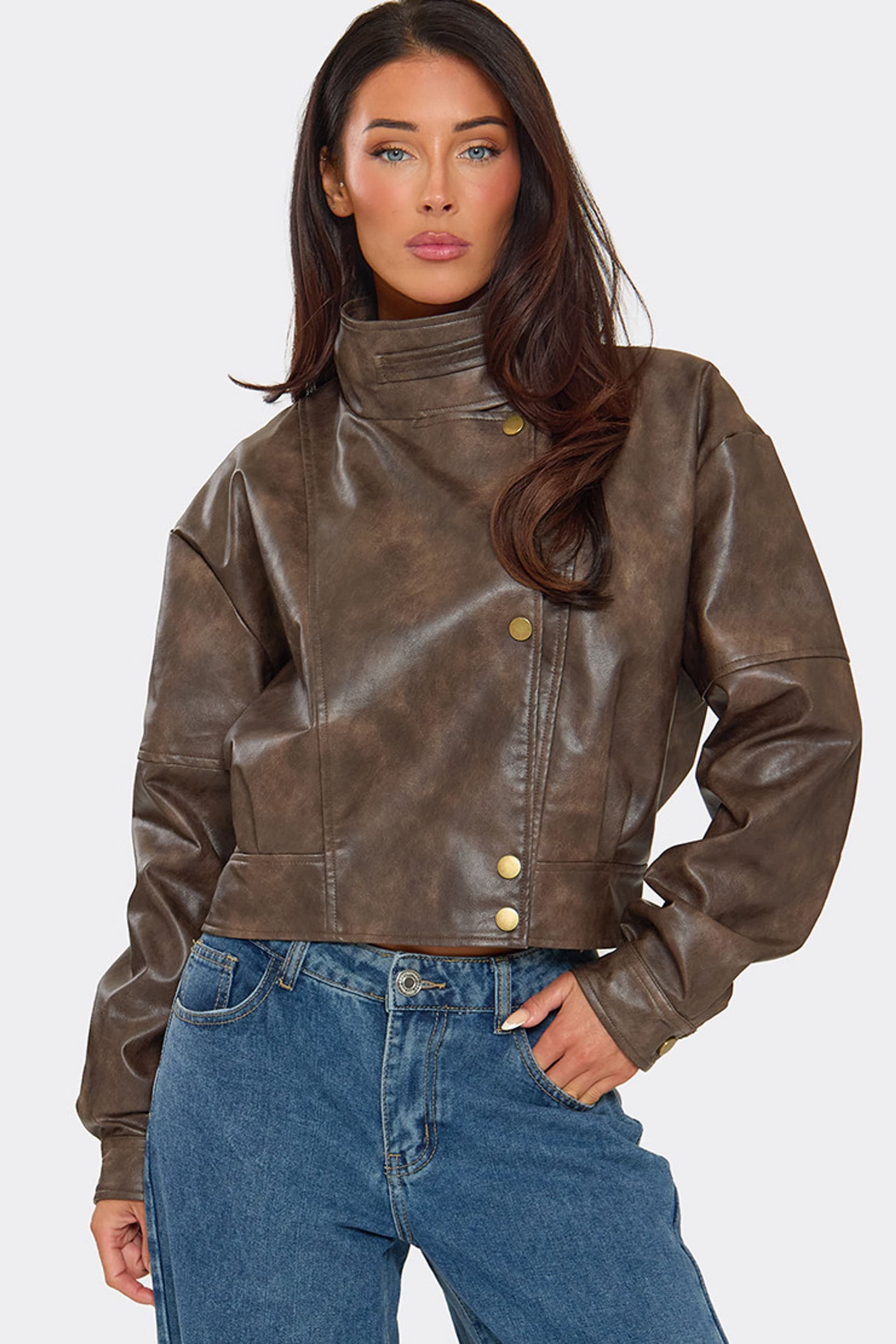 EGO EGO Women's Long Sleeve High Neck Faux Leather Jacket in Burnt Orange