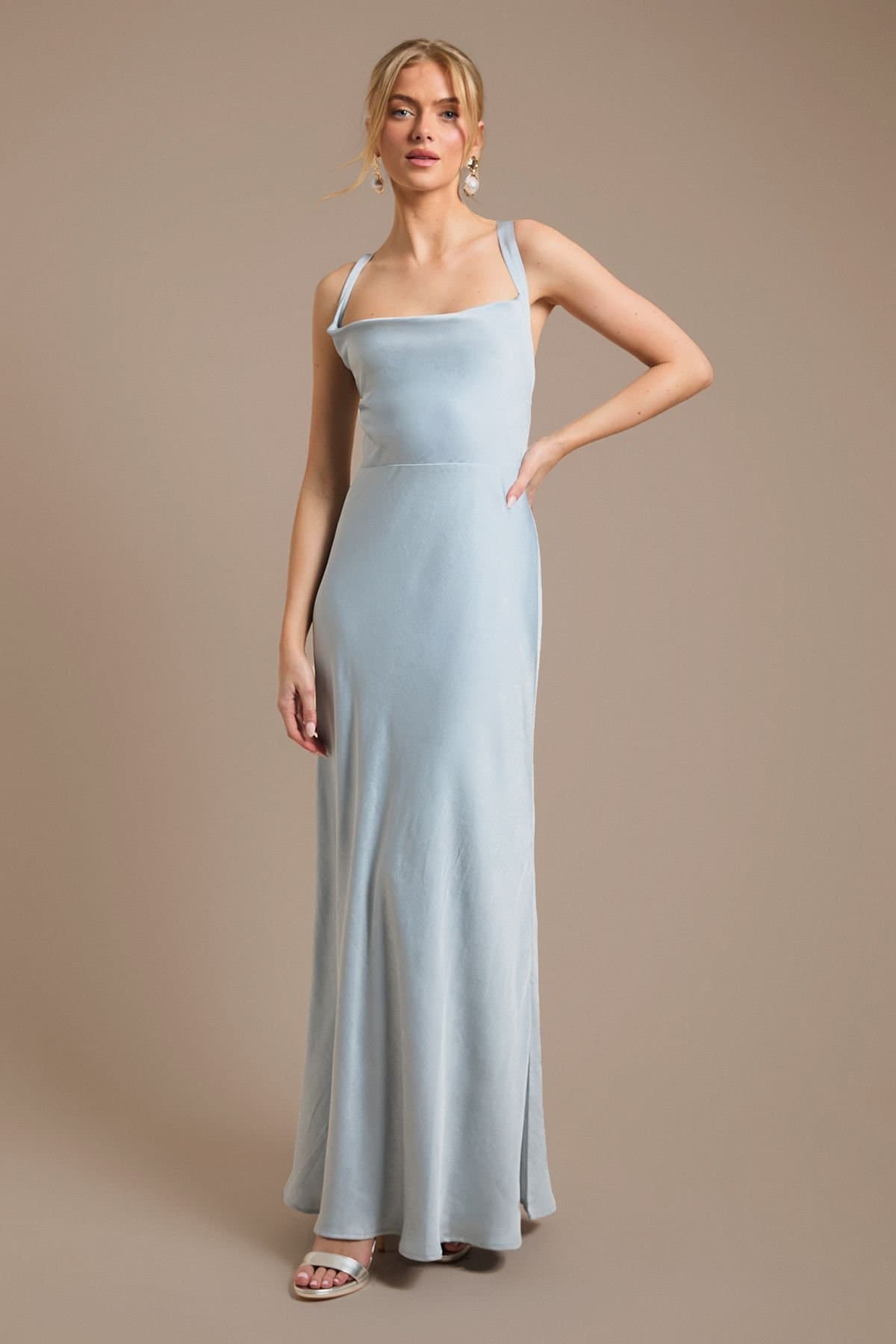 Oasis Oasis Women's Light Blue Cross Shoulder Tie Back Satin Maxi Bridesmaid Dress