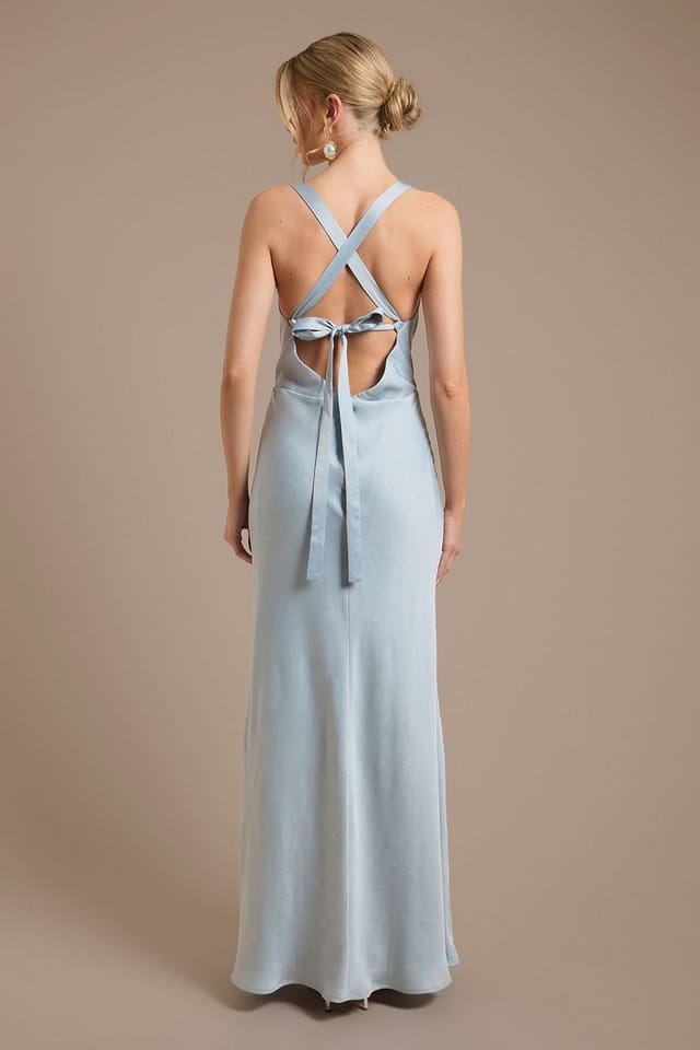 Oasis Oasis Women's Light Blue Cross Shoulder Tie Back Satin Maxi Bridesmaid Dress - 3
