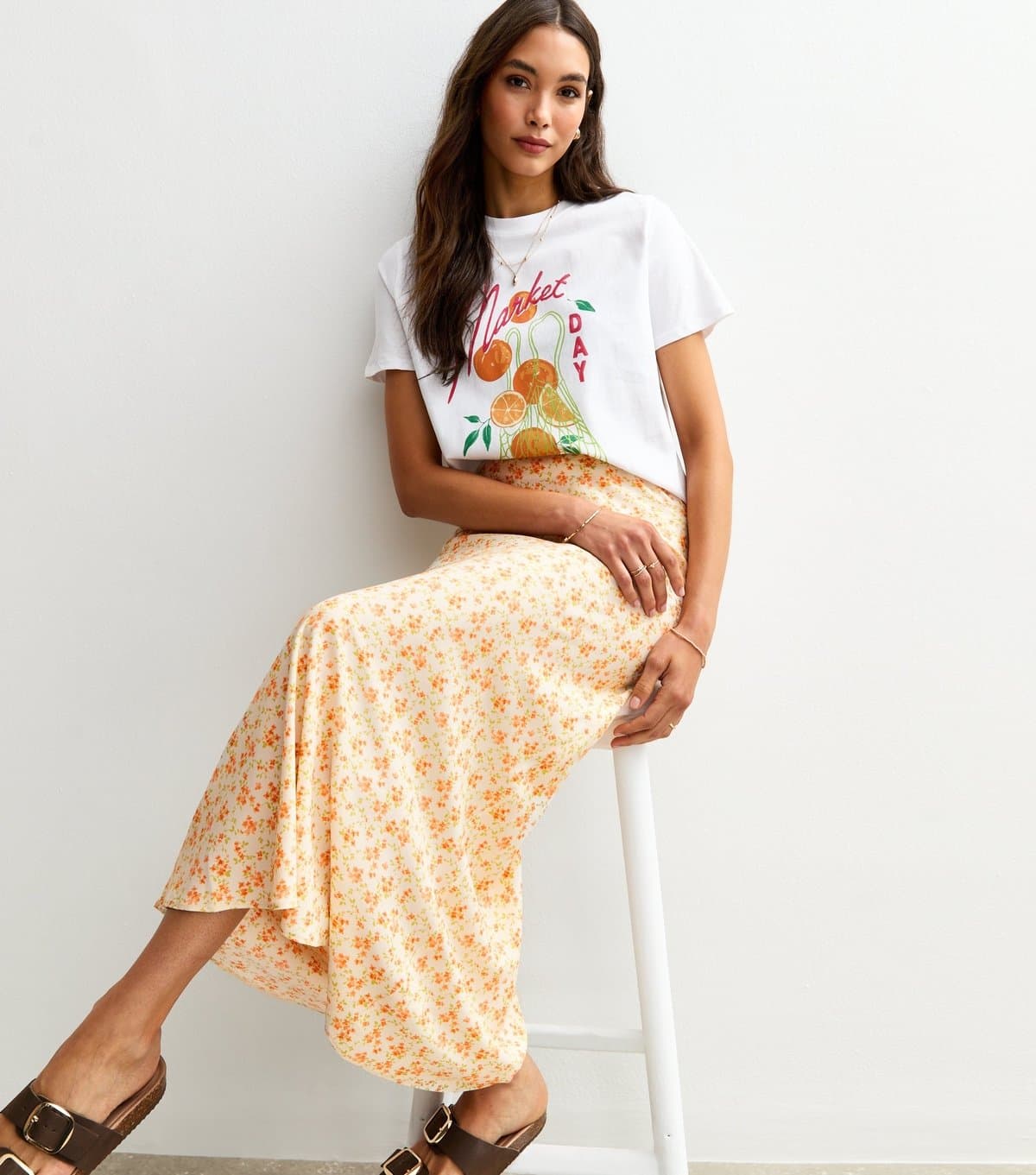 New Look Women's White Floral Print Bias Cut Midi Skirt New Look