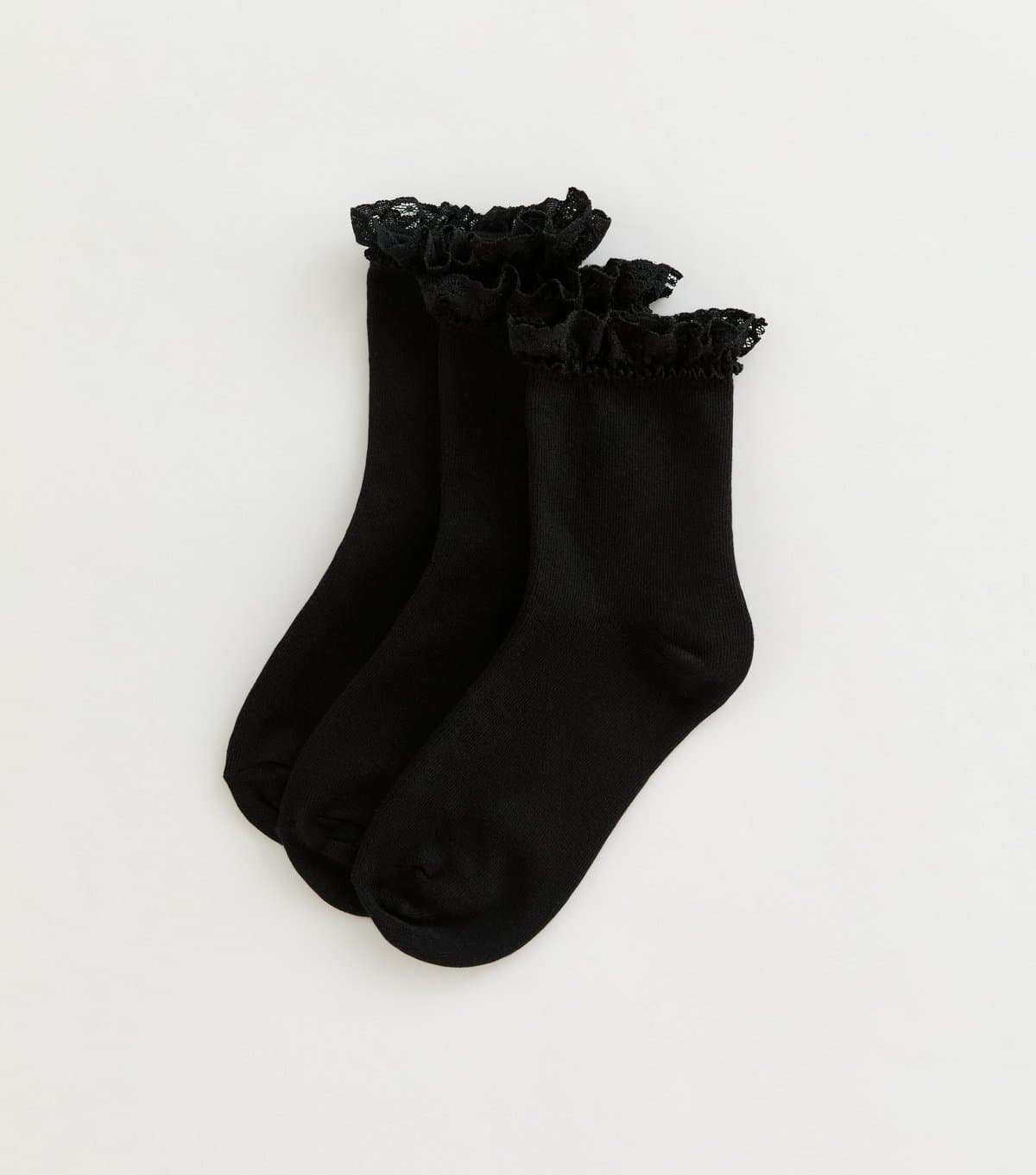 New Look Girls' Pack of 3 Black Frill Trim Cable Socks New Look