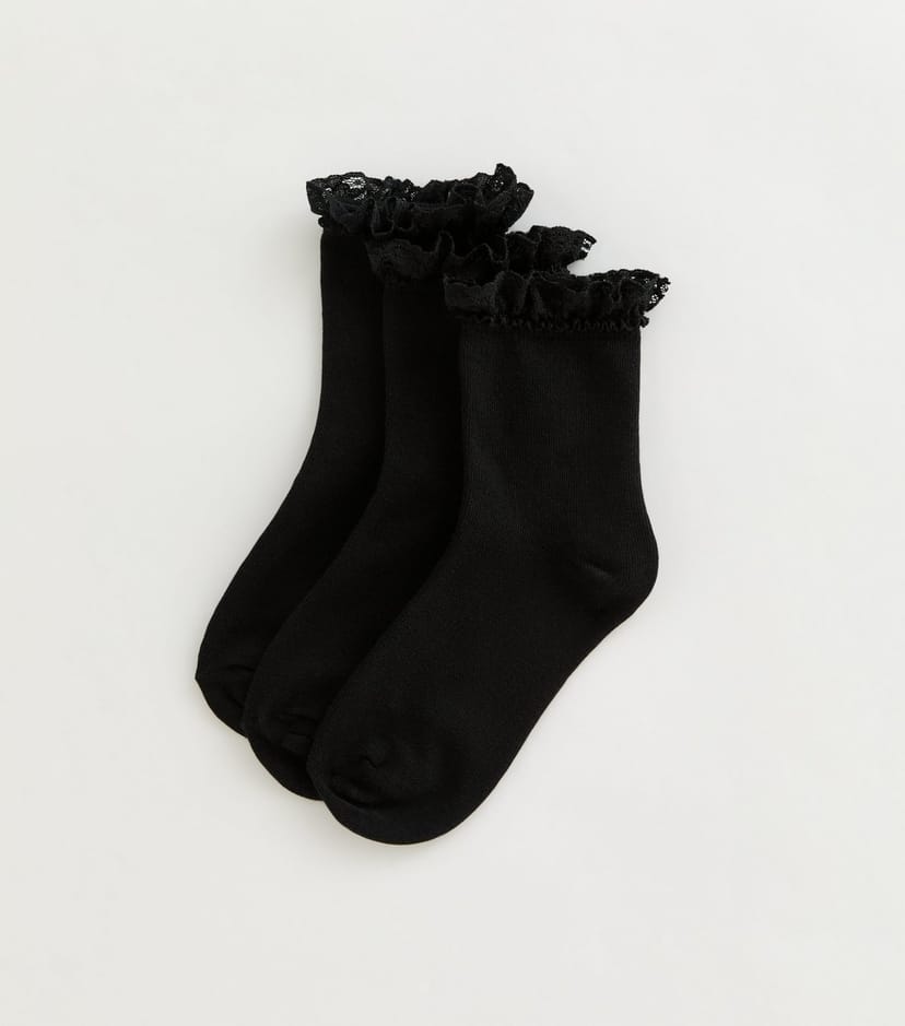 New Look Girls' Pack of 3 Black Frill Trim Cable Socks New Look - 1