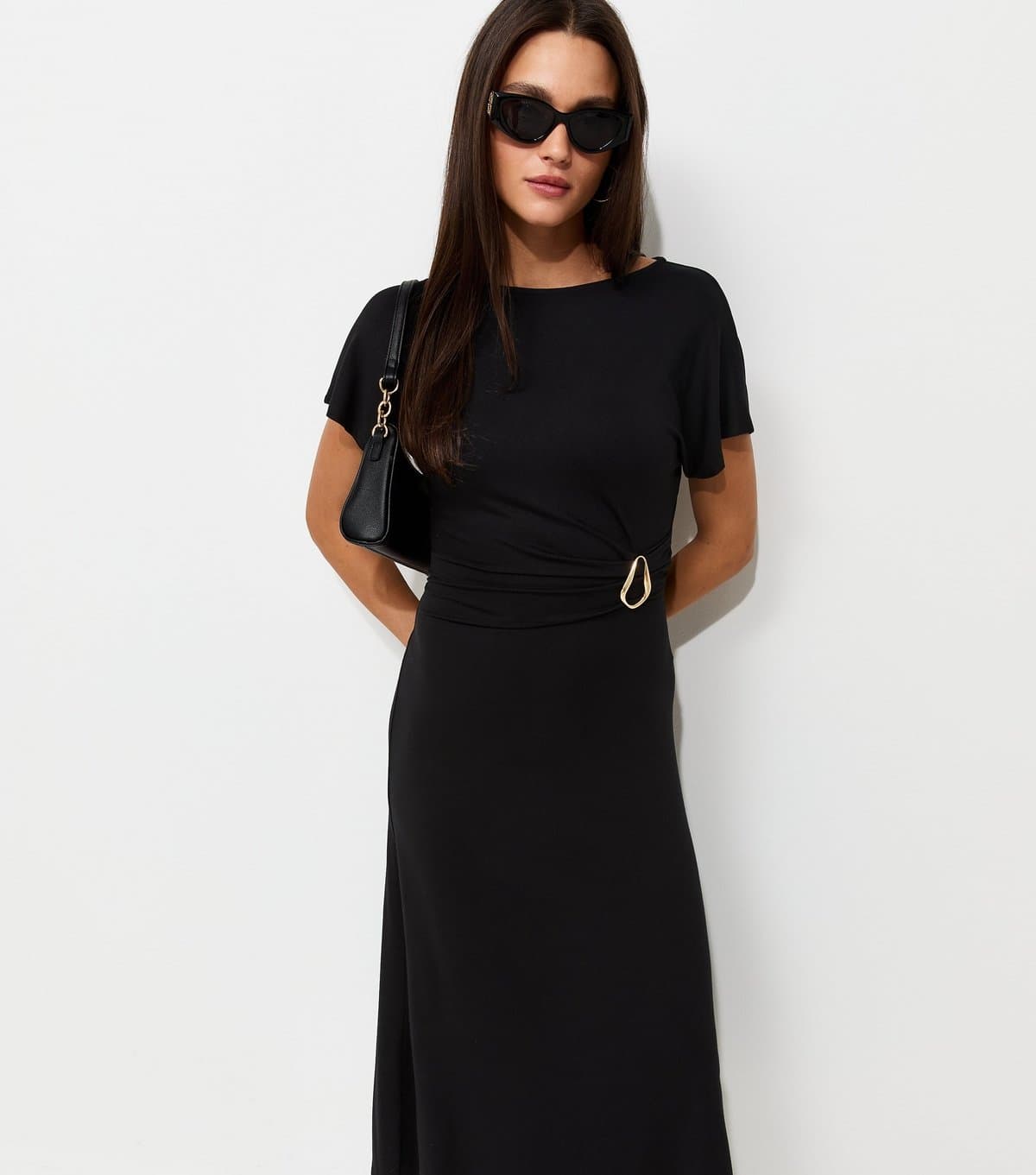 New Look Women's Black Sculpted Buckle Short Sleeve Midi Dress New Look