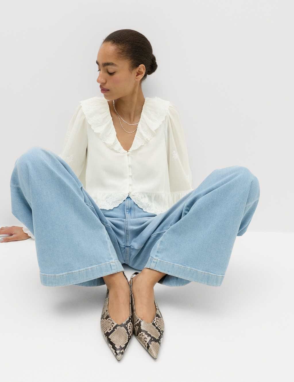 Marks & Spencer M&S Frill Detail Embroidered Blouse Soft White - 1