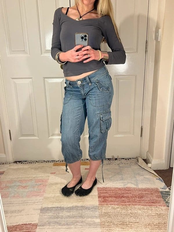 Vintage Dressing Blue & Grey Low Waist Cargo Capris