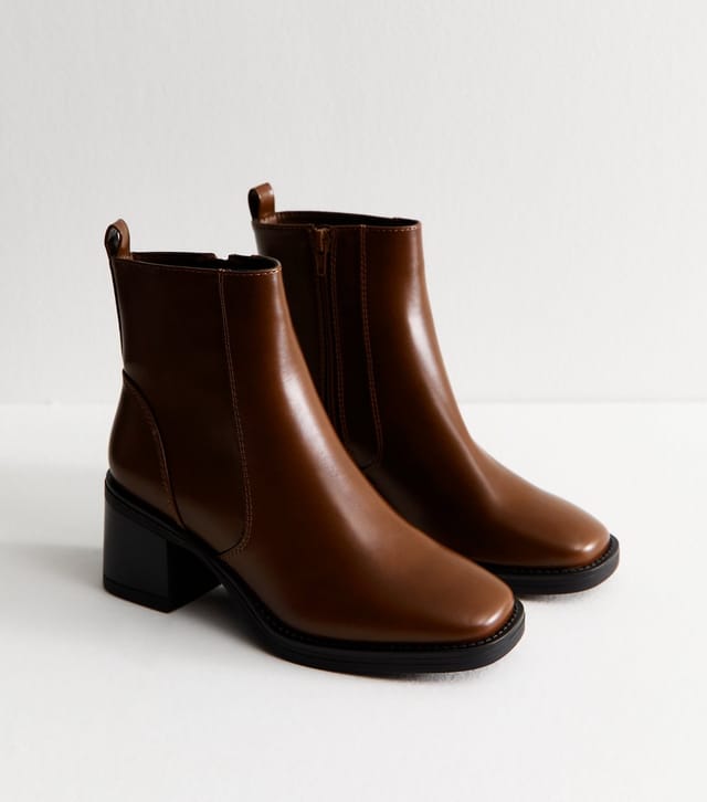 New Look Women's Brown Faux Leather Block Heel Ankle Boots Vegan New Look - 3