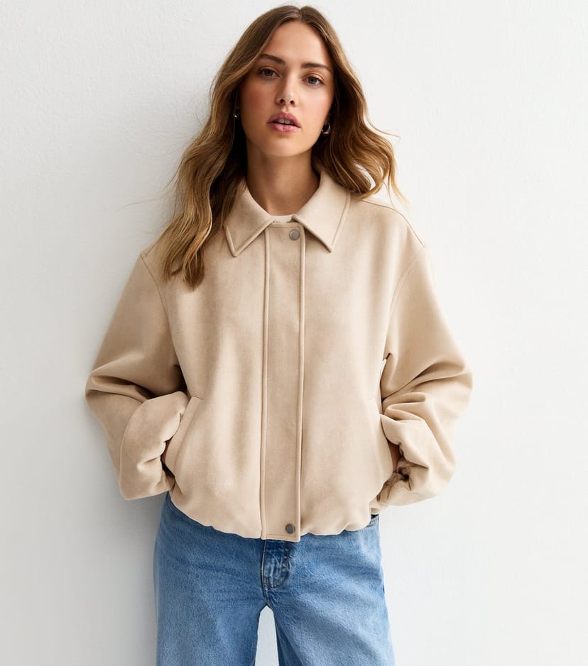New Look Women's Stone Faux Suede Bubble Hem Jacket New Look - 1