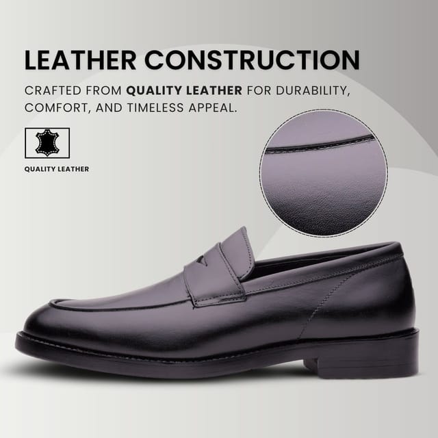 QUIVE London QUIVE London Men's Bending Black Leather Penny Loafers Formal Shoes with Warranty - 3