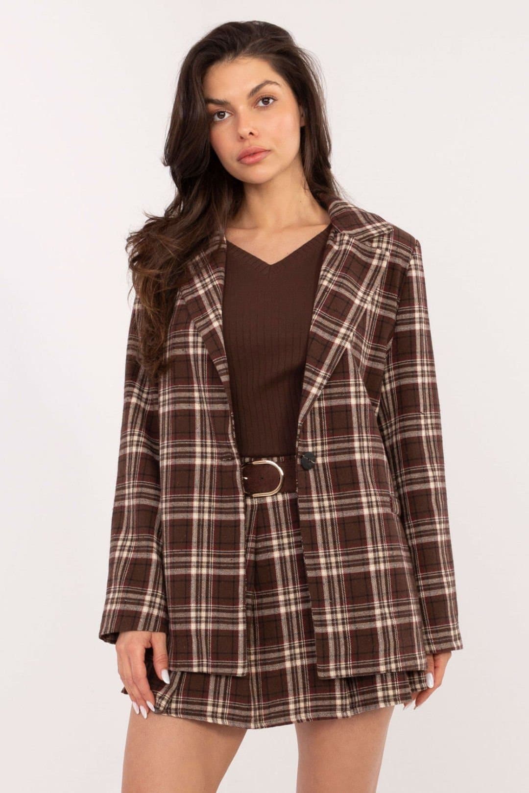Love Lace Love Lace Women's Classic Check Cotton Blend Blazer for Work in Brown