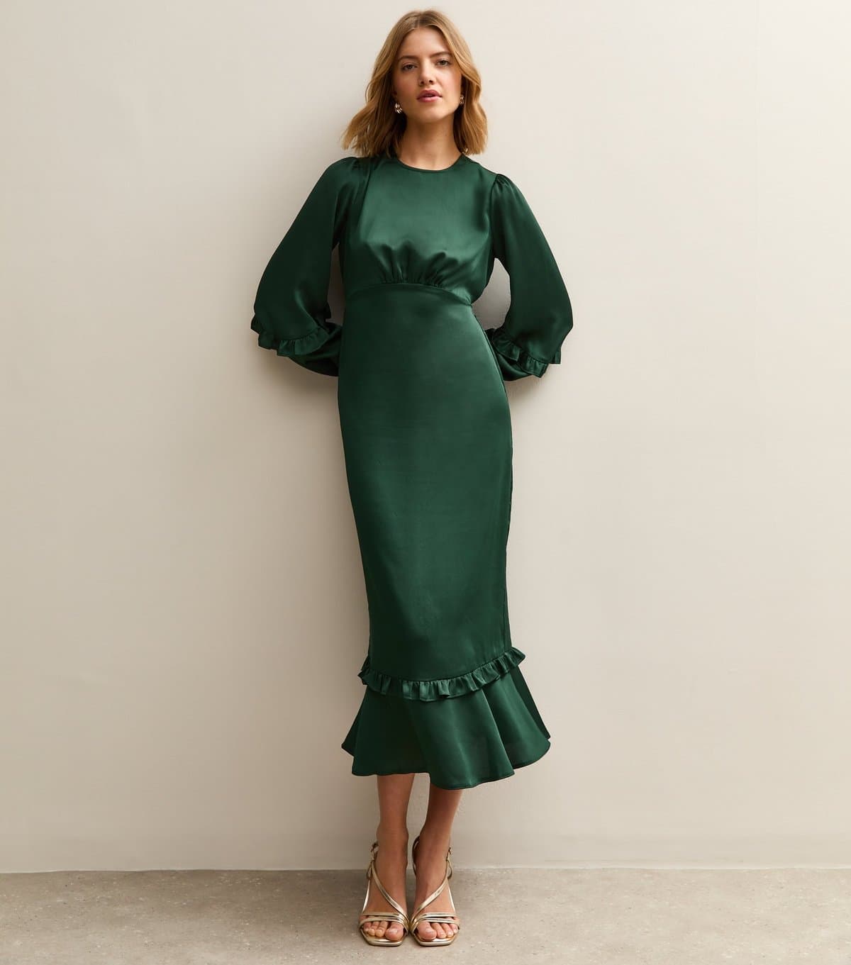 New Look Women's Dark Green Satin Frill Trim Midi Dress New Look