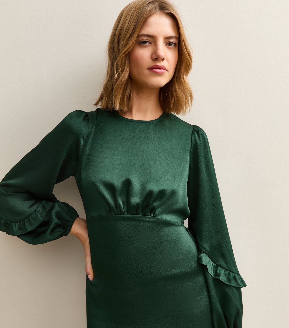 New Look Women's Dark Green Satin Frill Trim Midi Dress New Look - 2