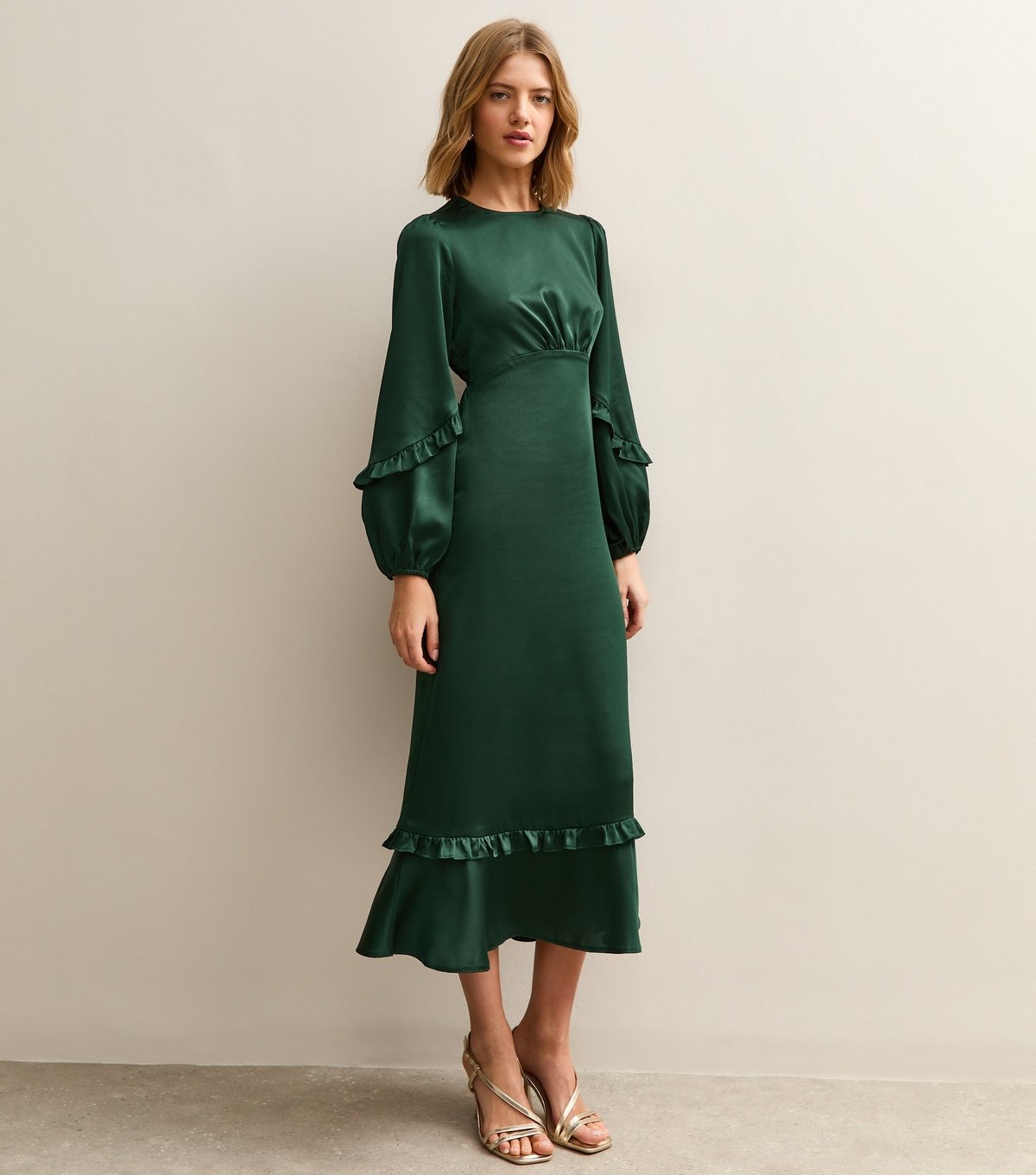 New Look Women's Dark Green Satin Frill Trim Midi Dress New Look - 3