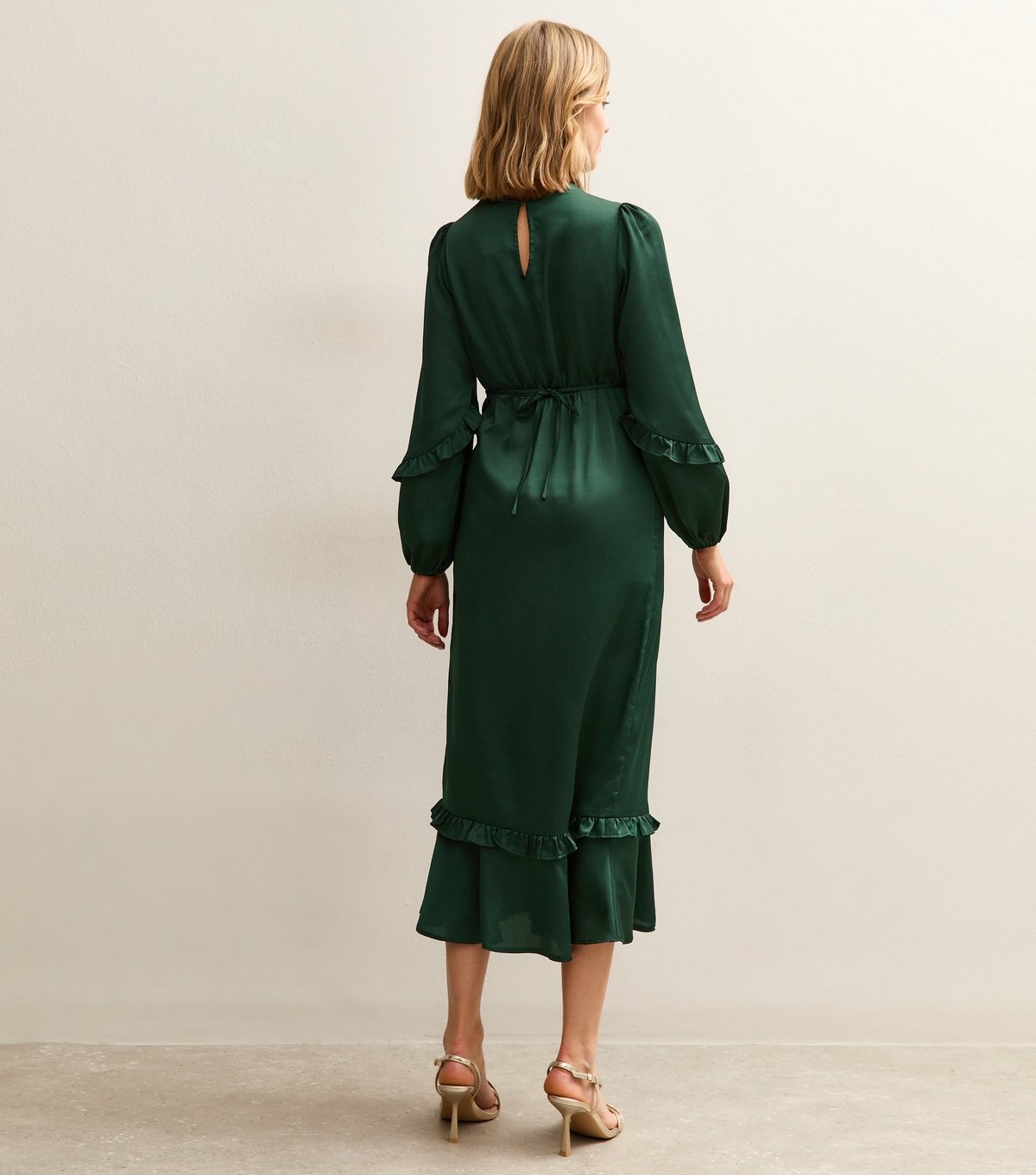New Look Women's Dark Green Satin Frill Trim Midi Dress New Look - 4