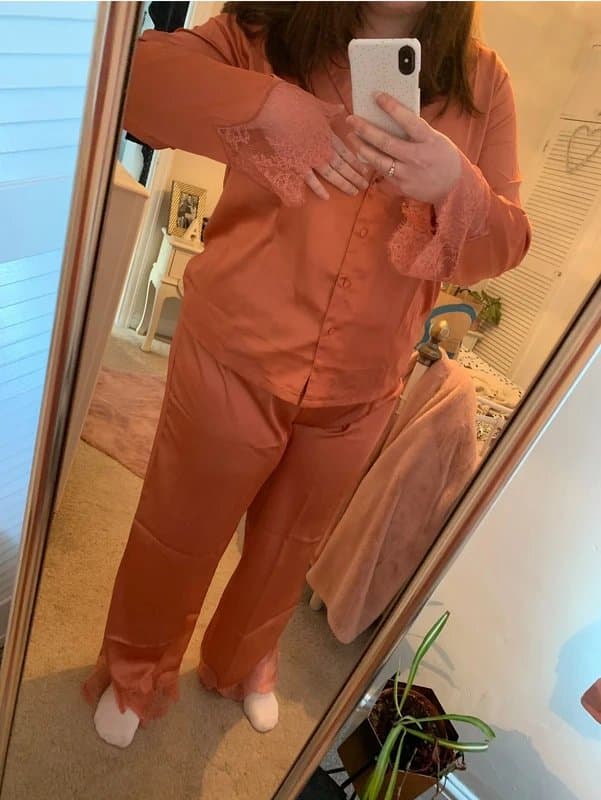 ASOS ASOS pink silky satin eyelash lace trim pyjamas size 18