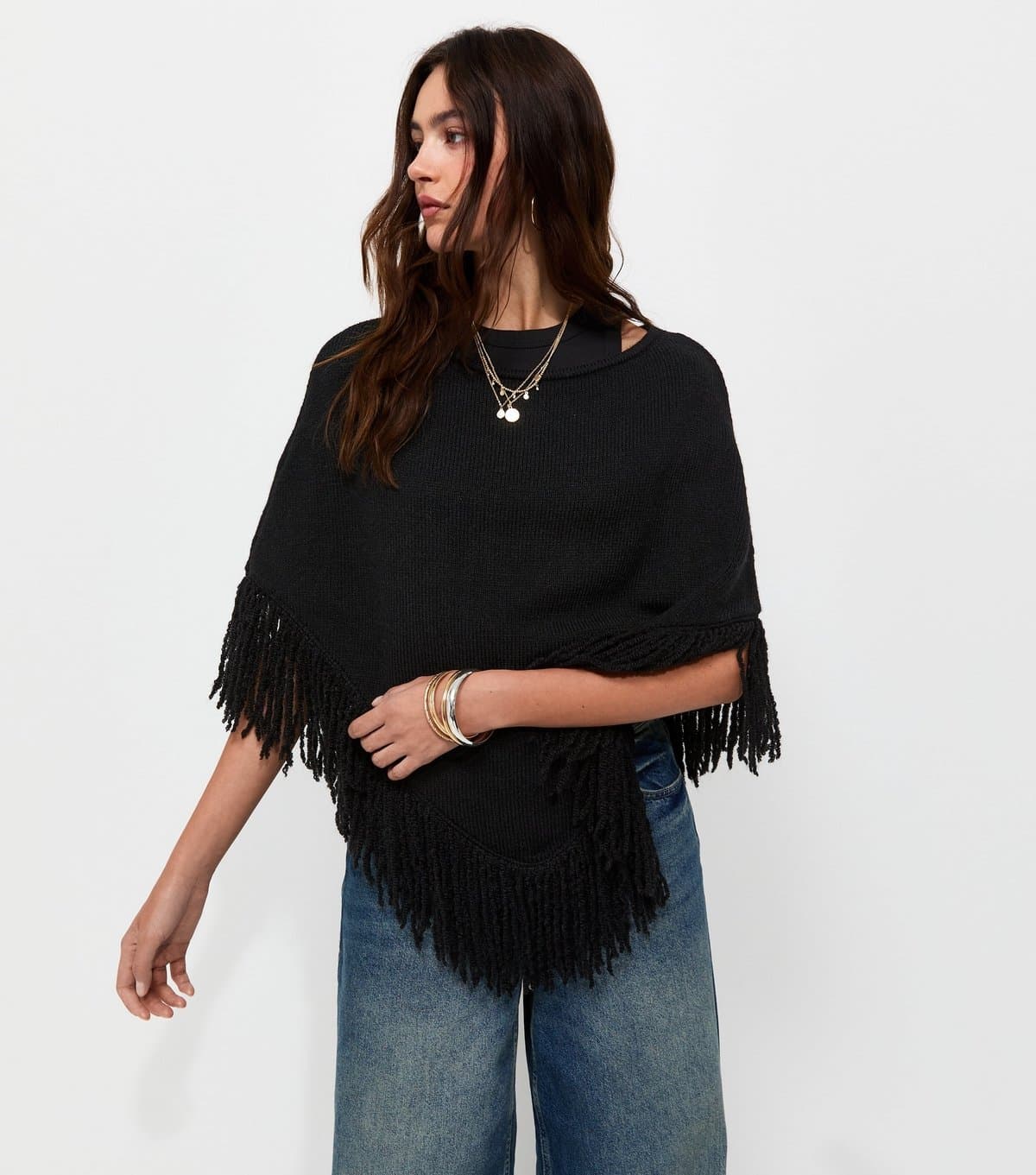 New Look Women's Black Knitted Fringe Poncho New Look