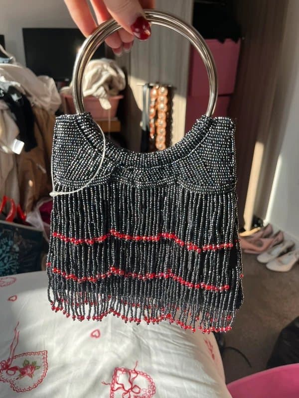 PLANET Black satin silver bead red fringe beaded sequin embellished metal handle handbag clutch bag tote
